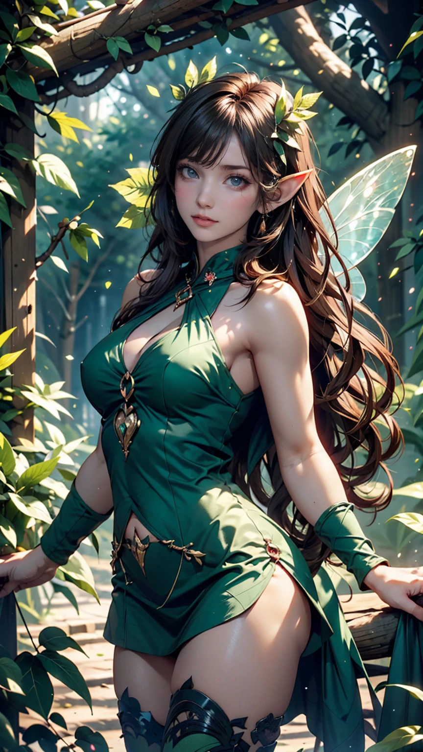 (((Masterpiece))), top quality, beautiful fairy, super detailed, cute and energetic, fuchsia mini dress, shiny skin, long orange hair, green eyes, pointy ears, fairy wings, light background, ((Huge breasts)).