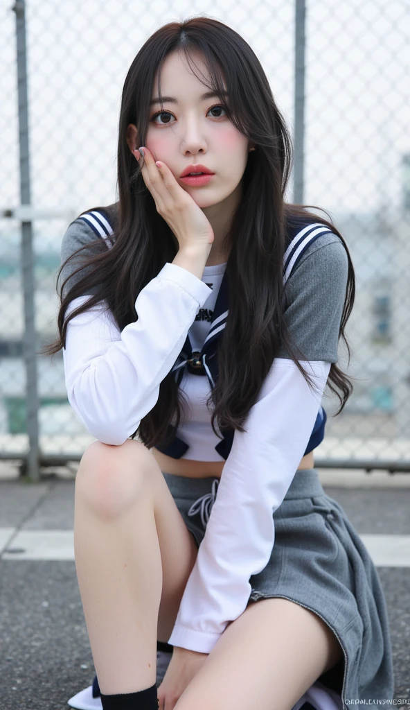 La mejor calidad,Ultra detallado,realista,retrato,Studio lighting,sweet face asian girl,ojos expresivos,sonrisa brillante,Antecedentes de la cancha de voleibol,Uniforme de Voleibol,Calcetines hasta la rodilla,Postura linda,rodillas dobladas,sentado en el suelo,textura de cabello suave y realista,Sutil rubor en sus mejillas,delicate fingers and nails,labios rosados y delicados,aspectos destacados de su uniforme,sombreado y sombras adecuados,Soft natural lighting,colorido y vibrante,energetic ambiance,lively and happy expression,endearing and adorable,encanto cautivador,rasgos faciales sutilmente definidos,clear and sharp focus,colores ricos y vivos,Comfortable and relaxed pose,uniforme perfectamente ajustado,Attention to fine details,authentic and realistic representation,meticulous representation of clothing,ligero brillo en la tela del uniforme,Professional illustration style,playful and youthful energy,natural lighting creating soft reflections on your face and even.