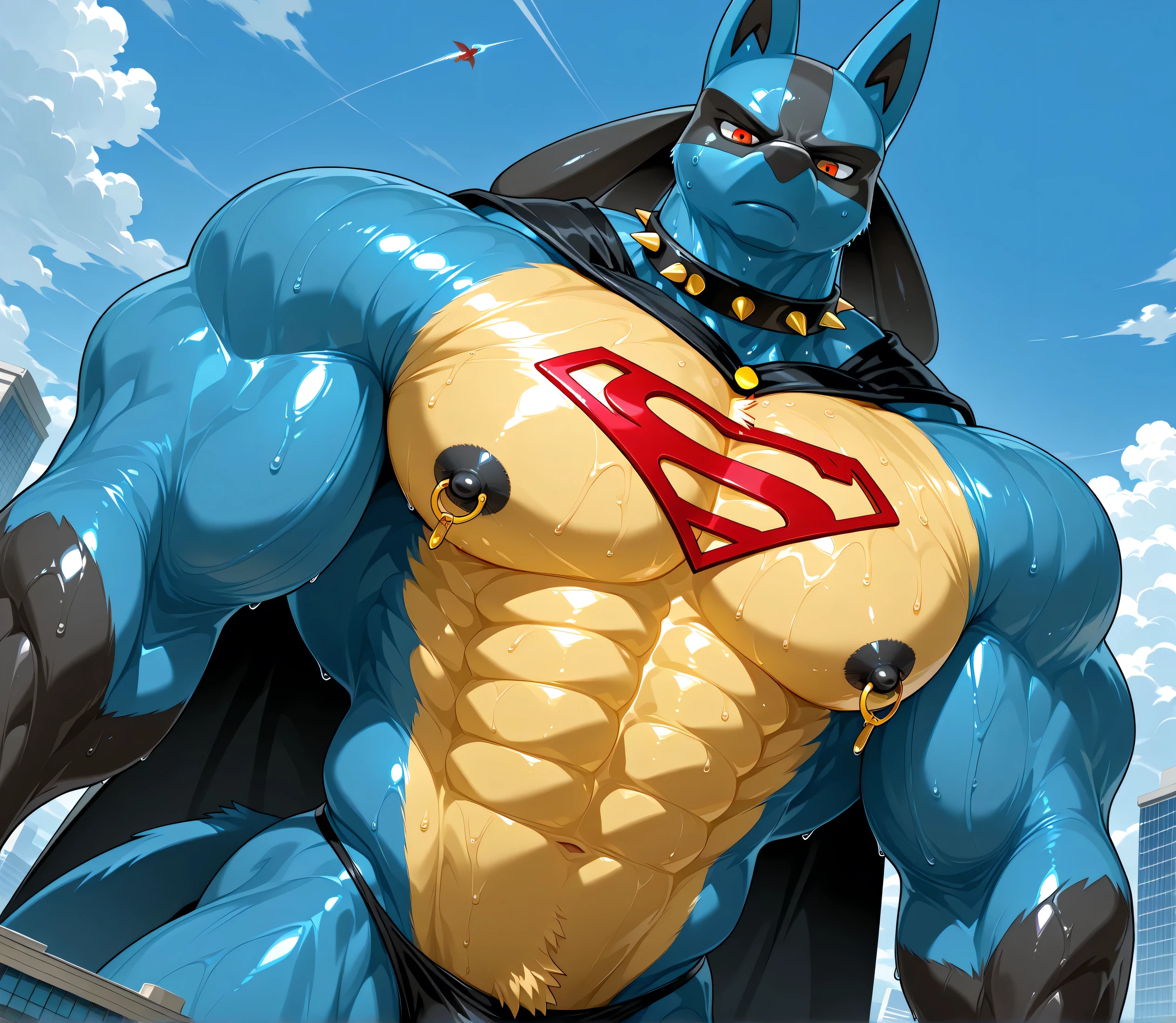 kemono, by null-ghost, by zixiong, solo, male, tail, Lucario, anthro, black nipples, big nipples, gold nipple rings, sweaty, handsome, broad shoulders, black thong, broad chest, huge muscular, posing, thick neck, thick arms, looking at viewer, flying in the sky, serious, growling, crossed arms, macro, buildings, clouds, wearing gold chains around neck, wearing a spiked collar on his neck, wearing superman outfit, superman symbol on center of chest, black cape, detailed background, sweaty, low view, close shot of chest and face, dutch angle, body fills frame, BREAK score_9_up,score_8_up,score_7_up,score_6_up,score_5_up,score_4_up
