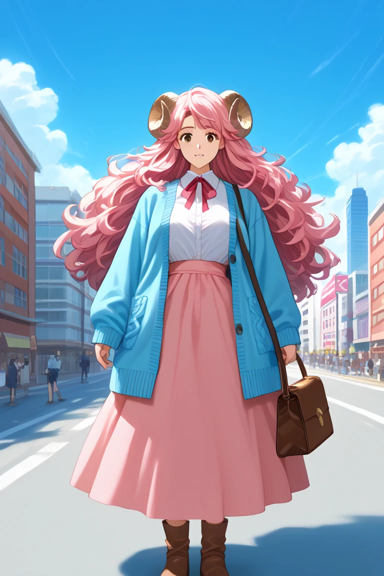 masterpiece, best quality, amazing quality, very aesthetic, high resolution, ultra-detailed, absurdres, newest, Anime screencap, highly detailed, high quality, Intricate:1.4, BREAK, (1girl, ひつじちゃん,  fluffy hair\long\pink, thick eyebrows:1.1, round sheep horns), BREAK, (pink long dress, sky blue cardigan, brown boots, brown shoulder bag), city