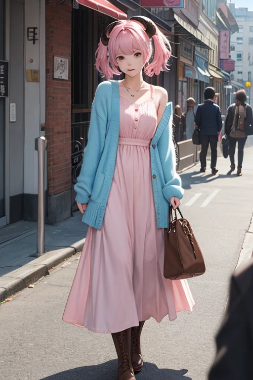 masterpiece, best quality, amazing quality, very aesthetic, high resolution, ultra-detailed, absurdres, newest, Anime screencap, highly detailed, high quality, Intricate:1.4, BREAK, (1girl, ひつじちゃん,  fluffy hair\long\pink, thick eyebrows:1.1, round sheep horns), BREAK, (pink long dress, sky blue cardigan, brown boots, brown shoulder bag), city