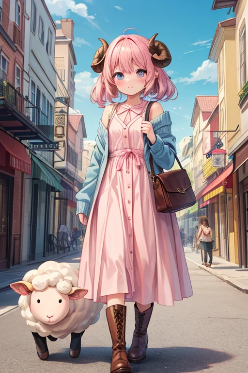 masterpiece, best quality, amazing quality, very aesthetic, high resolution, ultra-detailed, absurdres, newest, Anime screencap, highly detailed, high quality, Intricate:1.4, BREAK, (1girl, ひつじちゃん,  fluffy hair\long\pink, thick eyebrows:1.1, round sheep horns), BREAK, (pink long dress, sky blue cardigan, brown boots, brown shoulder bag), city