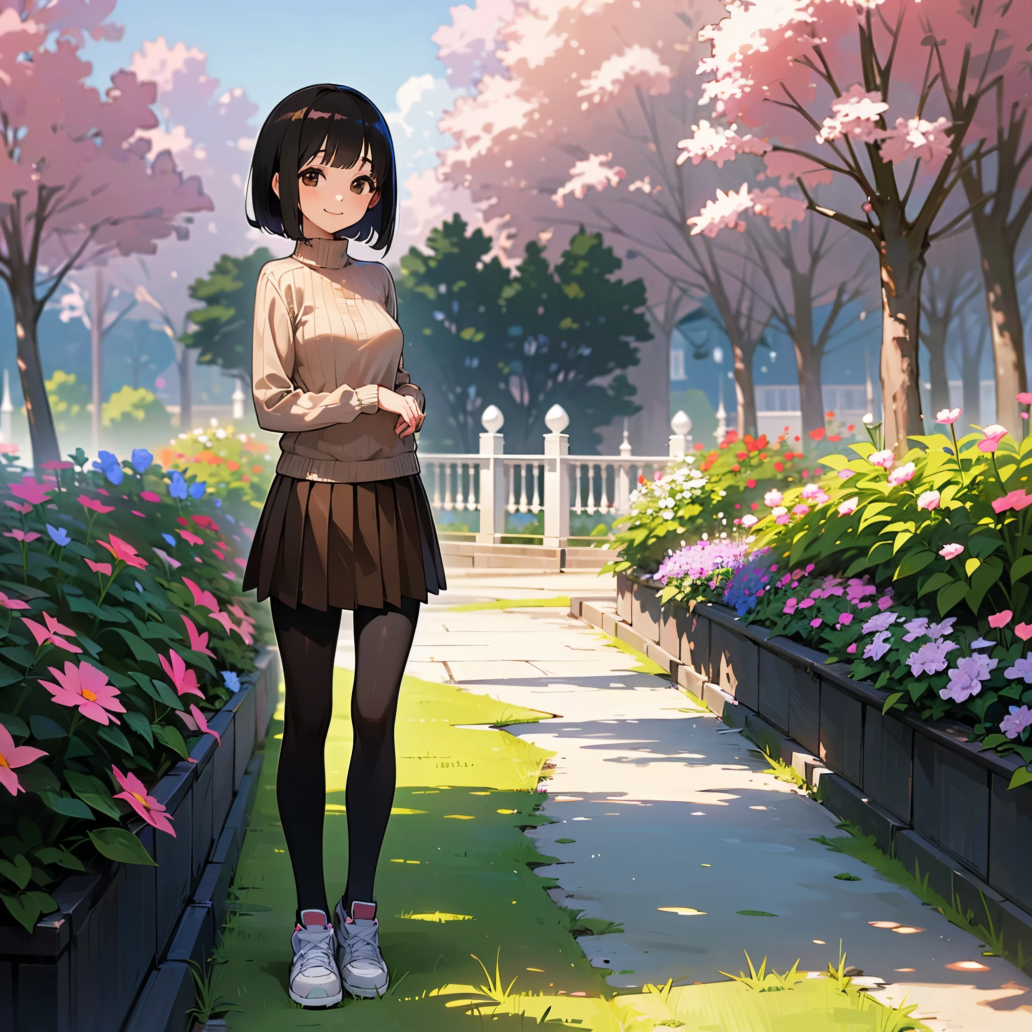 Anime girl in a skirt standing in a flower garden - SeaArt AI