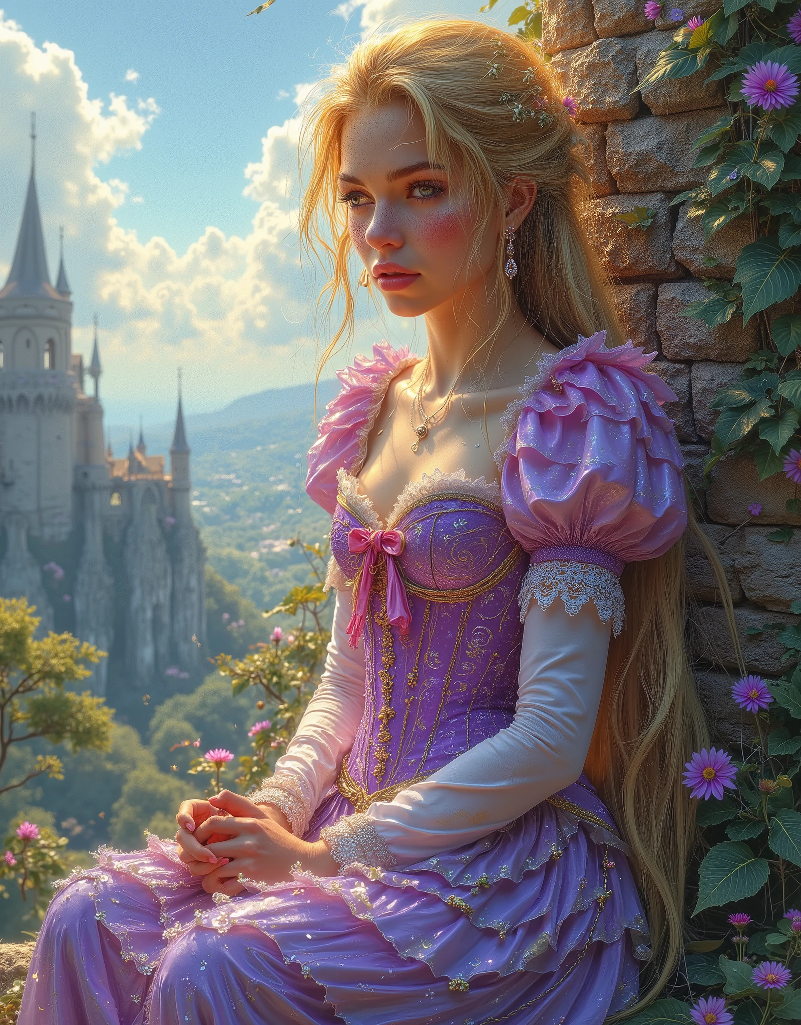 Masterpiece of pencil drawing in the style of Luis Royo. Rapunzel . a beautiful young girl uptuous with a natural face . Fine lips , rosy cheeks , brown eyelashes and eyebrows, and light freckles around her nose . } a slender structure and slightly wide hips . Her dress has a purple theme with a pink accent. The dress consists of a short sleeve corset bodice in lavender color, with a pink bow. The skirt is purple and is decorated with designs of spirals and flowers in pink, dark purple, and white. She wears a white petticoat underneath . Her sleeves on the top are short , inflated, and stripes of rose and lavender , the rest are long flowers , and is pale baby pink with white lace at the cuffs . She sits under the soft sunlight . She has long , flowing golden hair , with tufts adorned with small purple flowers . Her skin is clear and has a soft , soft glow. The character has dark green eyes and seems serene and calm, with a soft smile . His gaze gives a sense of wonder and satisfaction, As if she were admiring something in the distance. depth of field, In front of the camera , while leaning forward against a rustic stone wall covered with vines in an old tower. The background shows a quiet and calm peak of the forest , a blue sky bathed in a warm atmosphere and Dreamy of golden sunlight , that give a feeling of peace and beauty .