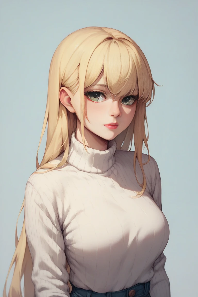 (best quality), 1girl, female, porcelain skin, blonde hair, straight hair, long hair, swoopy tips, Flipped-up ends, brown eyes, perfect eyes, crop turtleneck top, black skirt, slender, , small bust, shy, masterpiece, anatomically correct, highres
