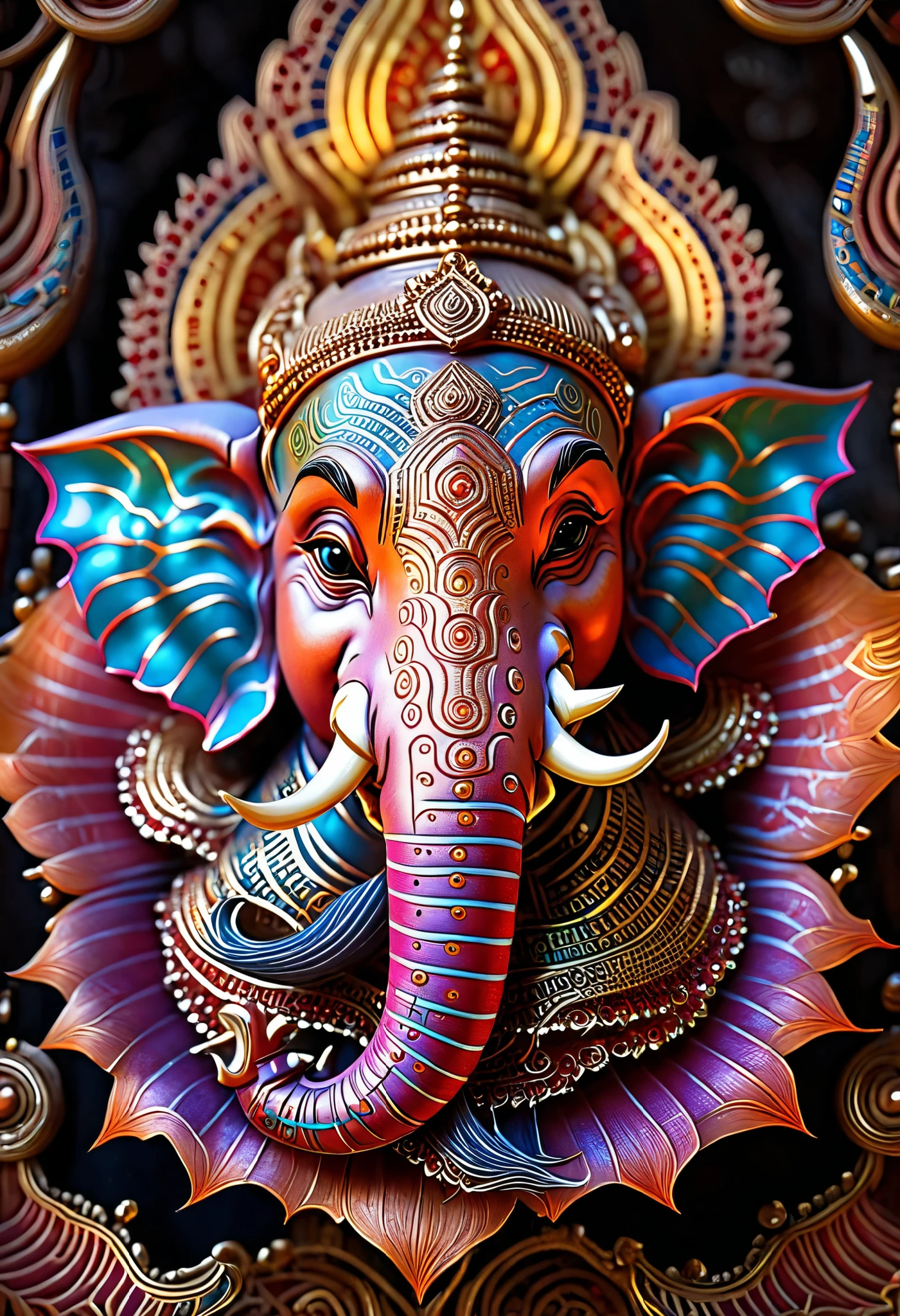 (fantasy,horror,macro photography,realistic:1.2),front view of Lord Ganesha face, vibrant colors, intricate details, metallic exoskeleton, delicate translucent, organic patterns, otherworldly lighting