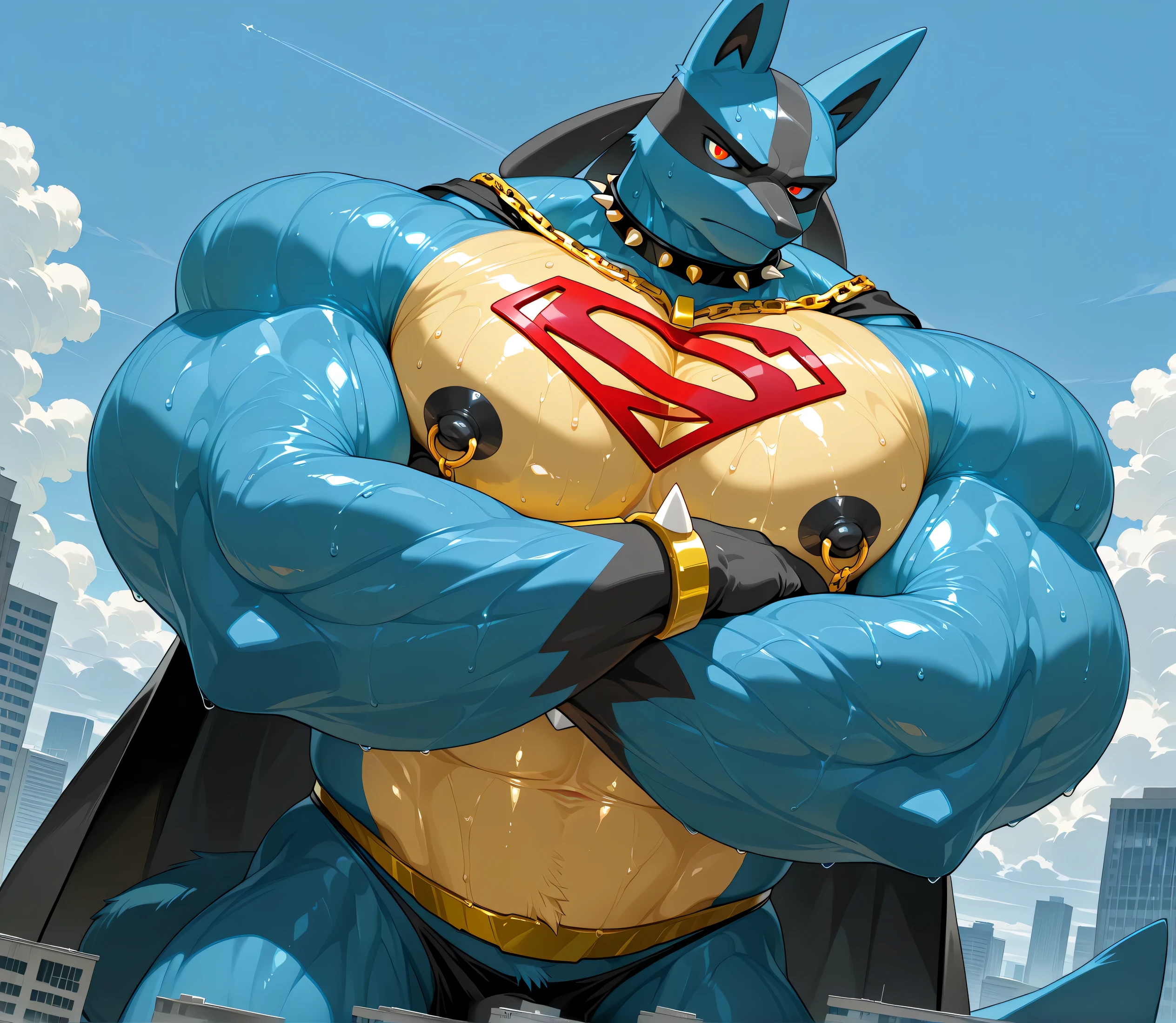 kemono, by null-ghost, by zixiong, solo, male, tail, Lucario, anthro, black nipples, big nipples, gold nipple rings, sweaty, handsome, broad shoulders, black thong, broad chest, huge muscular, posing, thick neck, thick arms, looking at viewer, scowling, crossed arms, macro, buildings, clouds, wearing gold chains around neck, wearing a spiked collar on his neck, wearing superman outfit, superman symbol on center of chest, black cape, detailed background, sweaty, low view, close shot of chest and face, dutch angle, body fills frame, BREAK score_9_up,score_8_up,score_7_up,score_6_up,score_5_up,score_4_up