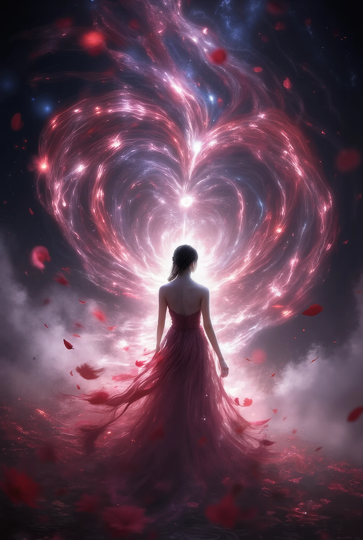 Beautiful sexy woman, dressed in a rose dress, petals fly beautifully from the dress sparkling in the light from the night stars, very beautiful and exciting, magic beautifully draws the heart symbol in front of a beautiful girl, beautiful night , bright colors , Masterpiece , 8 k, best quality, complex details, maximum detail, fantasy style, Fantasy, ultra details, beautiful image, wallpaper,