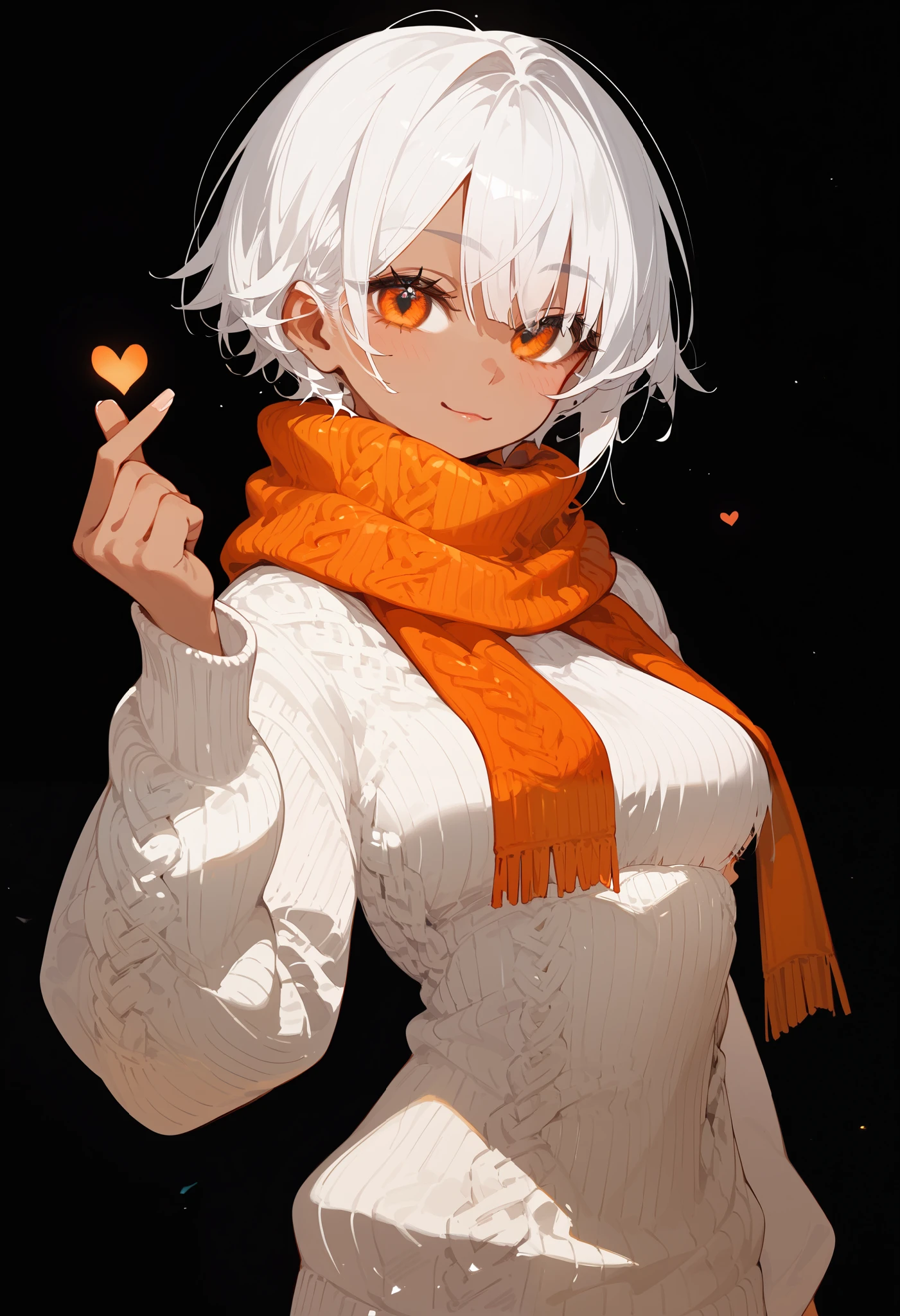 1 girl , white hair, short hair ,Tanned,In the orange eyes,medium breasts,Tomboy,White knit sweater, black background ,Orange Scarf , standing,Emotionless,Japan, cute,Back hand, Korean finger heart, facial focus ,