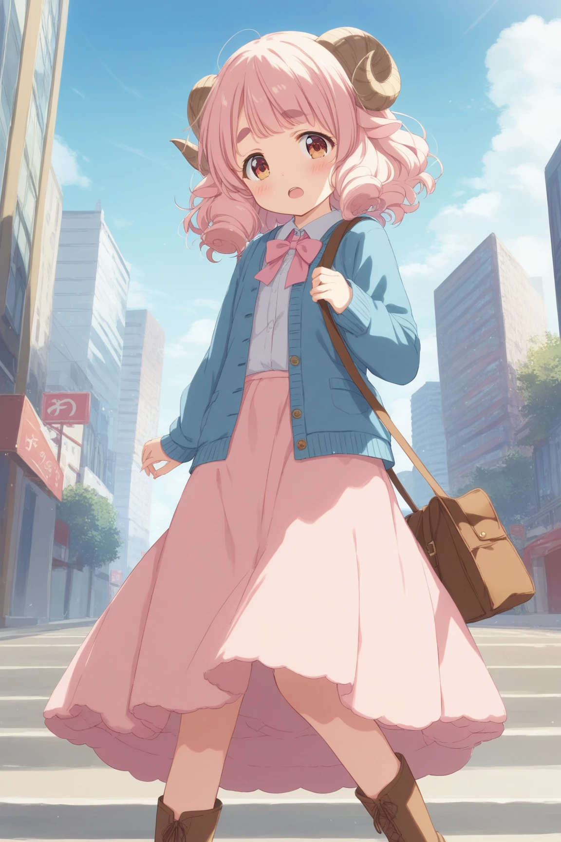 masterpiece, best quality, amazing quality, very aesthetic, high resolution, ultra-detailed, absurdres, newest, Anime screencap, highly detailed, high quality, Intricate:1.4, BREAK, (1girl, ひつじちゃん,  fluffy hair\long\pink, thick eyebrows:1.1, round sheep horns), BREAK, (pink long dress, sky blue cardigan, brown boots, brown shoulder bag), city