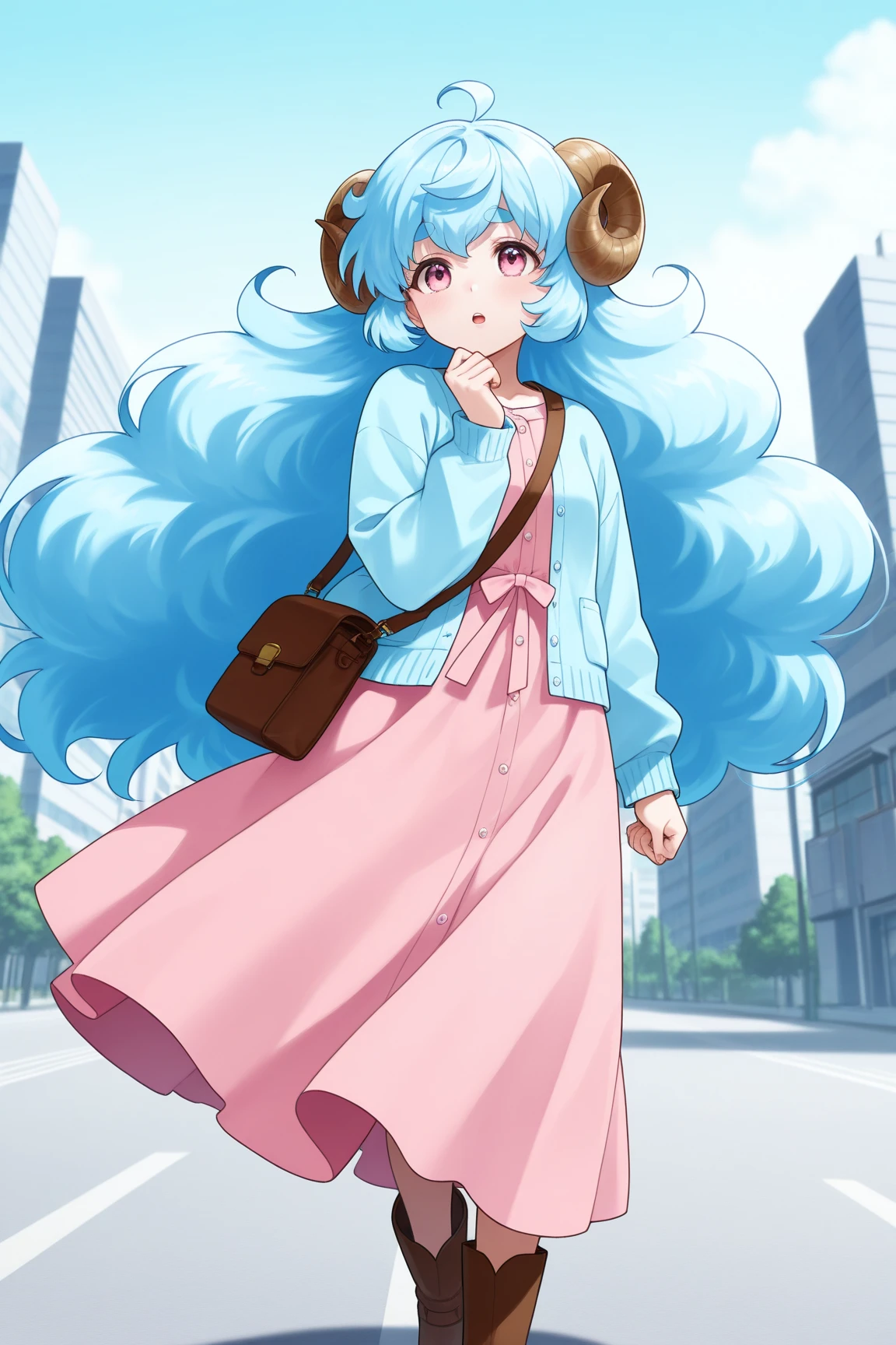 masterpiece, best quality, amazing quality, very aesthetic, high resolution, ultra-detailed, absurdres, newest, Anime screencap, highly detailed, high quality, Intricate:1.4, BREAK, (1girl, ひつじちゃん,  fluffy hair\long\pink, thick eyebrows:1.1, round sheep horns), BREAK, (pink long dress, sky blue cardigan, brown boots, brown shoulder bag), city