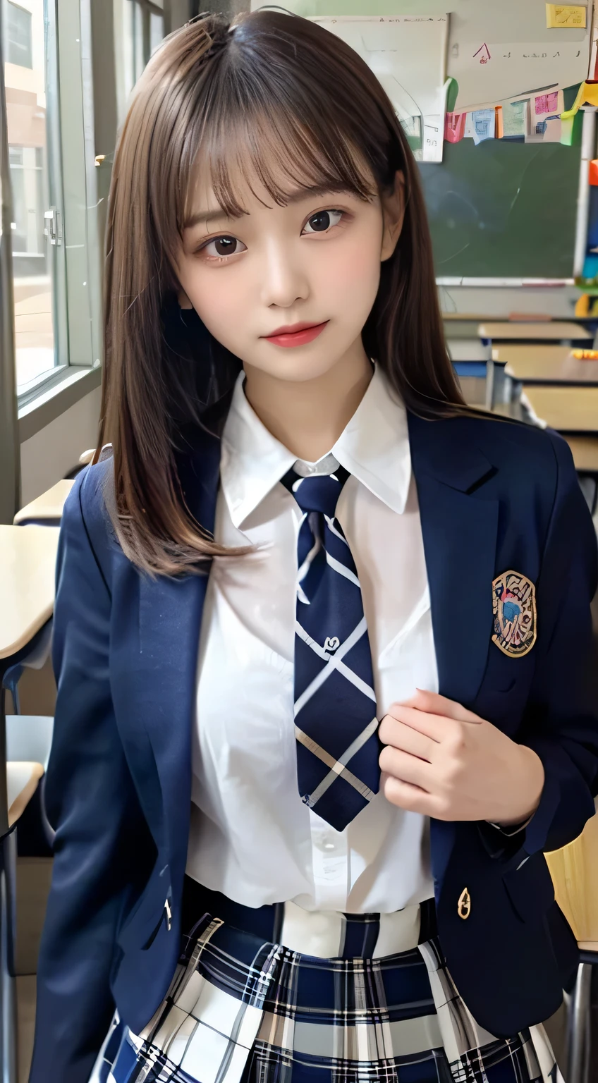 8K, highest quality, real image, intricate details, Super detailed, ultra high resolution, depth field,(realistic,realistic:1.2),table top , frontal shot , From the middle , 1 girl, eye_Chan, very beautiful 17 year old girl, innocent big eyes,、beautiful breasts:1.5、非常に詳細なeye:1.2)、(beautiful breasts:1.1)、wavy hair、curly hair、bangs、, perfect skin, Fair skin, huge breasts, He puts his left hand on his chest over his clothes...、anxious look、cleavage, tight waist, light blush, alone, looking at the viewer,(laughter:1.3), (smile:1.3), ((School_uniform),(dark blue blazer), (white shirt、Wearing a tie), (gray pleated skirt), (sculpture installation :1.1)
