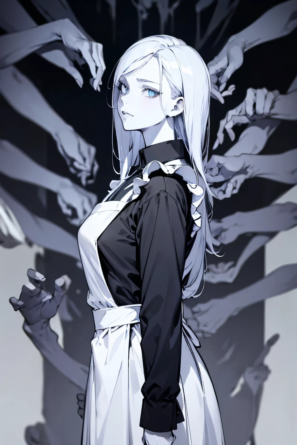(best quality,4k,high resolution,masterpiece:1.2),with a monochrome touch, in a wasteland, a maid is standing, many hands is waiting for her order. from side view, detailed eyes,beautiful detailed lips,extremely detailed blue eyes and face, long silver hair, long eyelashes, Europian noble face with angry, evil face, cruel mouth to whisper,upper body portrait, tightly fitted outfit,black long-sleeved maid costume,wearing white apron, wearing long skirt.