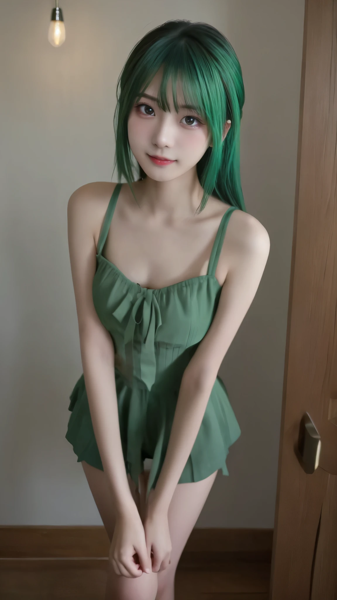 high resolution,超high resolution,8k,Ultra Fine,TOP QUALITY, masterpiece, Super Fine Paintings , detailed depiction of up to the front door,1 girl, upper body,((素敵な髪型, green hair)),(Beautiful breasts, Upward bust), similarly , glowing neon lights , intermediate shot,Fujifilm X-T4 + 23mm f/2 Lenses,dusk,Flower Farm,watch viewers, ( detailed legs:1.3, thin thighs, beautiful feet:1.2), ( detailed hands:1.3, perfect right hand:1.2), ( Detailed Eyes and Faces :1.2, Professional Shooting Techniques , Professional lighting techniques ), ( stare at the viewer, mischievous expression )
