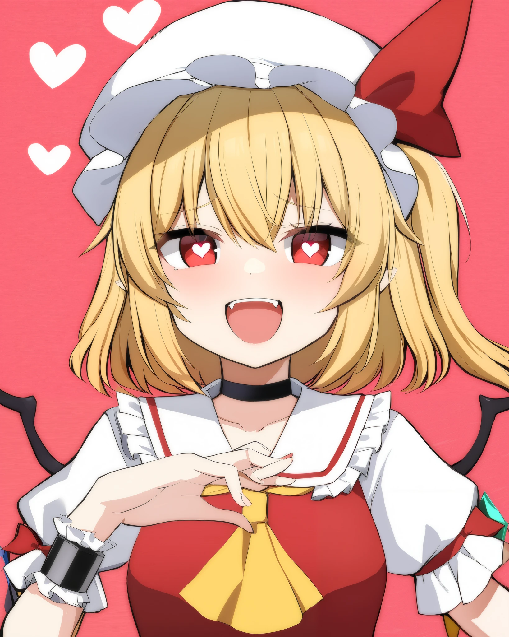  Flandres Scarlet ,1 girl, Alone, pain_ cap, heart-shaped_pupils, tooth, open_mouth,  Crystals,   yellow_ ascot , white_hat, hand首_cuffs,  accurately _in_viewer, red_ribbon, upper_body, ふくらんinいる_short_ sleeve, eyepinch, Wings, heart_hand, hin_ribbon, One_side_up, red_vest,   jewelry, red_background, frills, white_ shirt, :d, black_Choker, red面傑作, TOP QUALITY