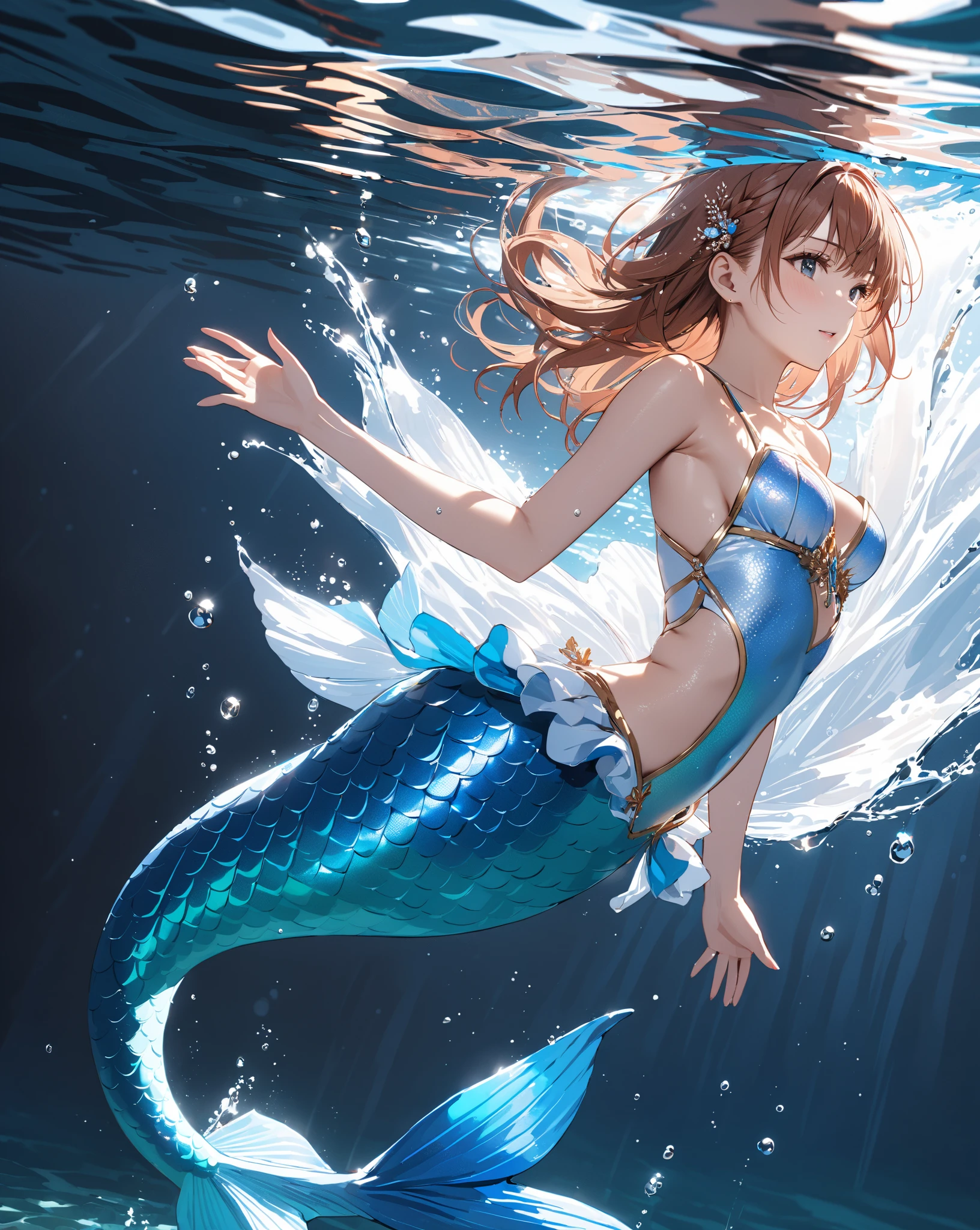 (highest quality, masterpiece, High resolution)、4K Anime Art、(Beautiful mermaid woman)、(whole body、In the water、 Hair floating on water)、 (Detailed depiction of a beautiful face)、Smile、Small breastedium Short Hair、Bobcut、Coral Reef、Colorful fish、Sea Turtle、light blue、