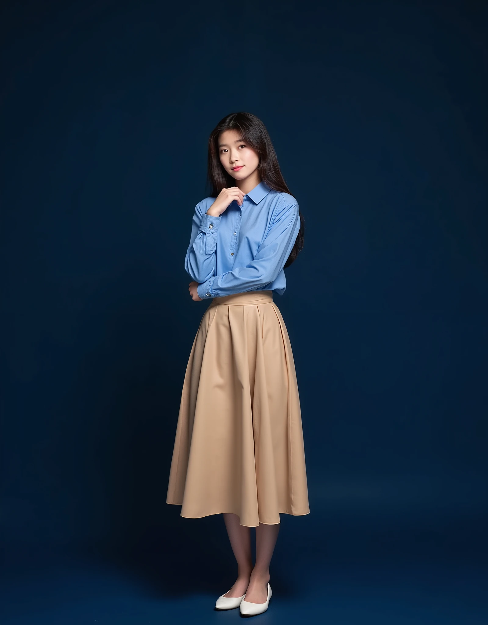 ( Super Detailed ) best quality:Full-body portrait of a 25-year-old woman 在、 Exquisite beautiful face, deep eyes, A beautiful lady, Asian, Japanese, Long hair, poker face, no smile, Low height, standing in front of dark blue studio background, thinking hands pose, pose, Wearing a colour leather big a-line full circle long skirt midi length, long skirt was covered the legs, Wearing long sleeves blue shirt, the collar button Wearing white flat shoes, Whole body photo, photo, relaxed pose, front camera shot, well-lighted, studio lighted, High resolution, sharp photo, best quality, realistic, well-lighted, studio light, super real