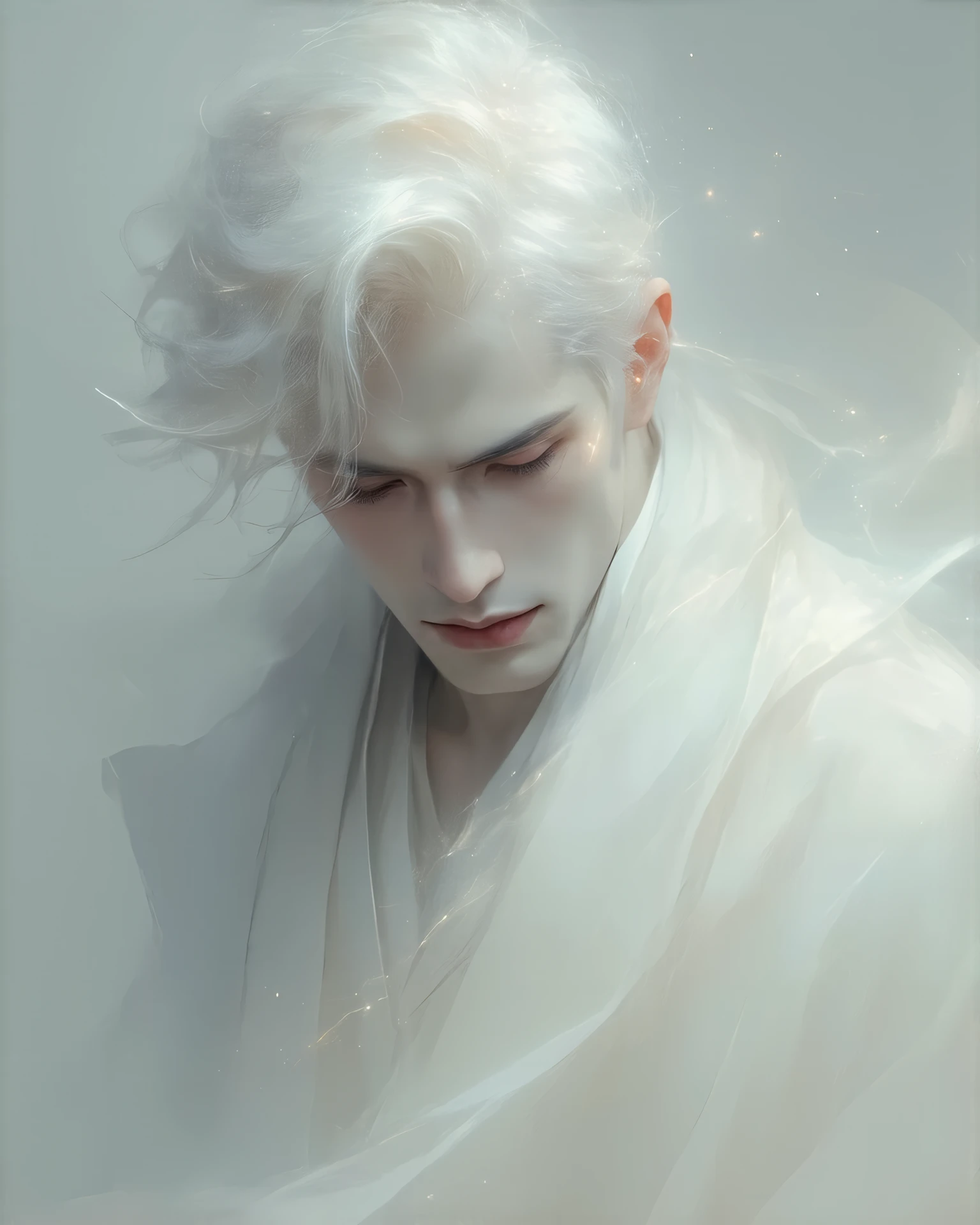 A man in a white robe, sitting on a blue surface, mystical oil painting on linen, inspired by Kaigetsudō Anchi and Kaigetsudō Ando, yanjun chengt, white haired deity, detailed face, detailed eyes, detailed nose, detailed lips, cinematic lighting, dramatic shadows, volumetric fog, highly detailed, intricate, photorealistic, 8K, HDR, dramatic lighting, ethereal, mystical, serene, contemplative