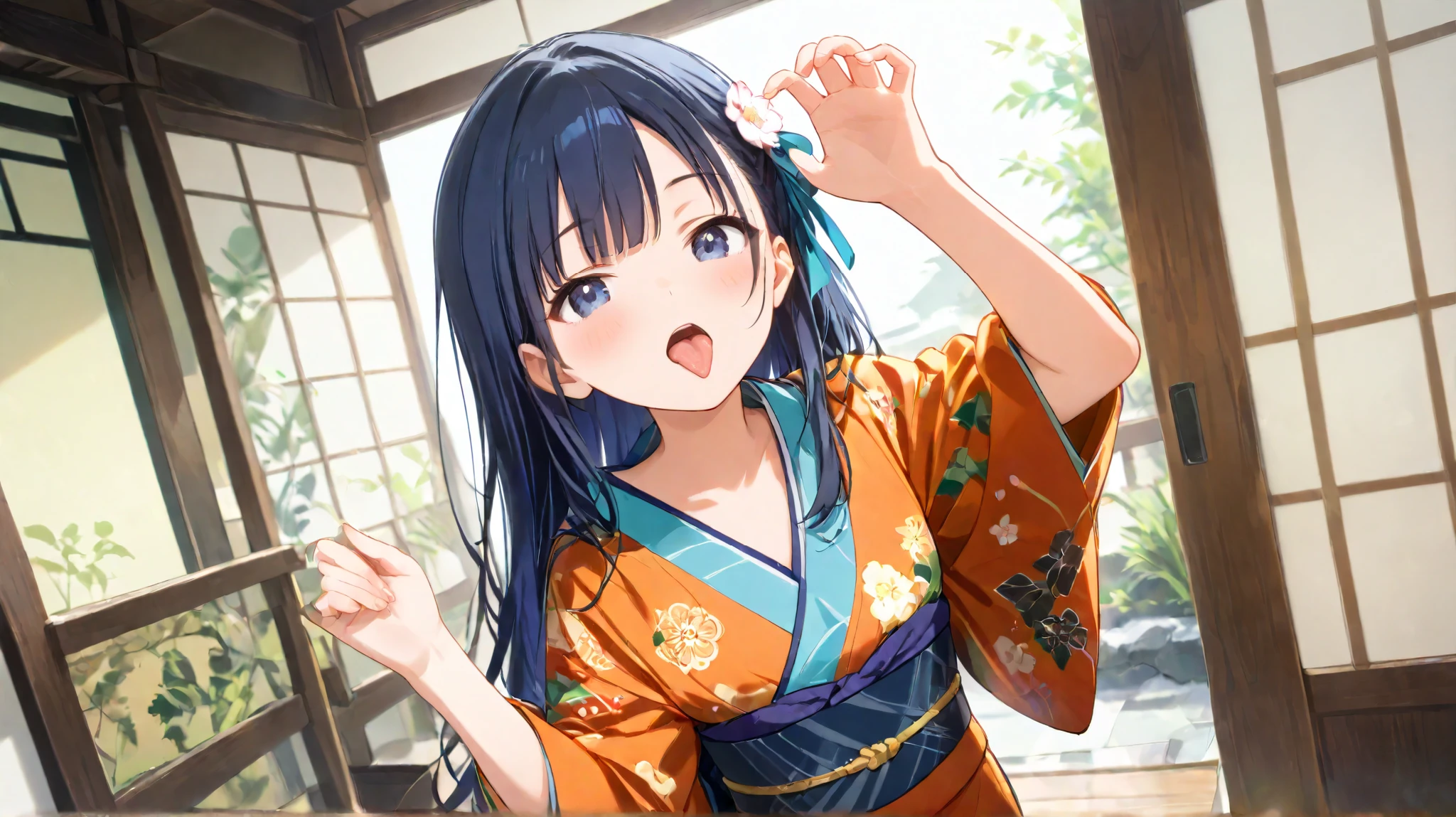  long hair, (  black hair) , with bangs , 1 girl,  blue hair ribbon 、 kimono、Slightly Bare 、 Costume、high quality、Tongue out、OK pose