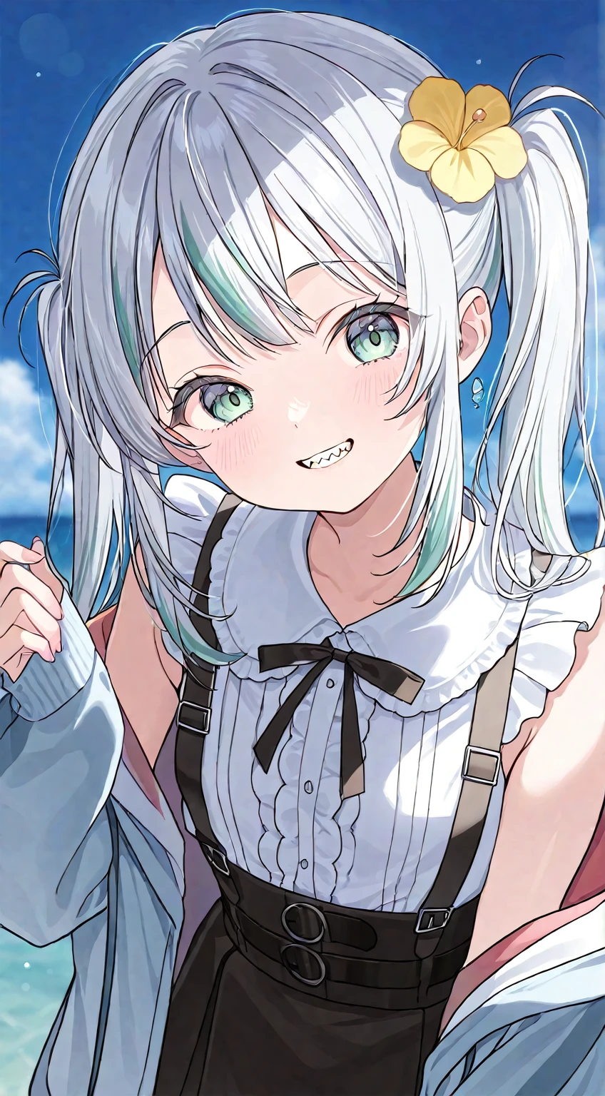 cute女の子、1 girl、 Silver Hair、Shark、cute、 lori、is young、Baby Face、Jagged teeth、sea、light blue、green、smile、 short