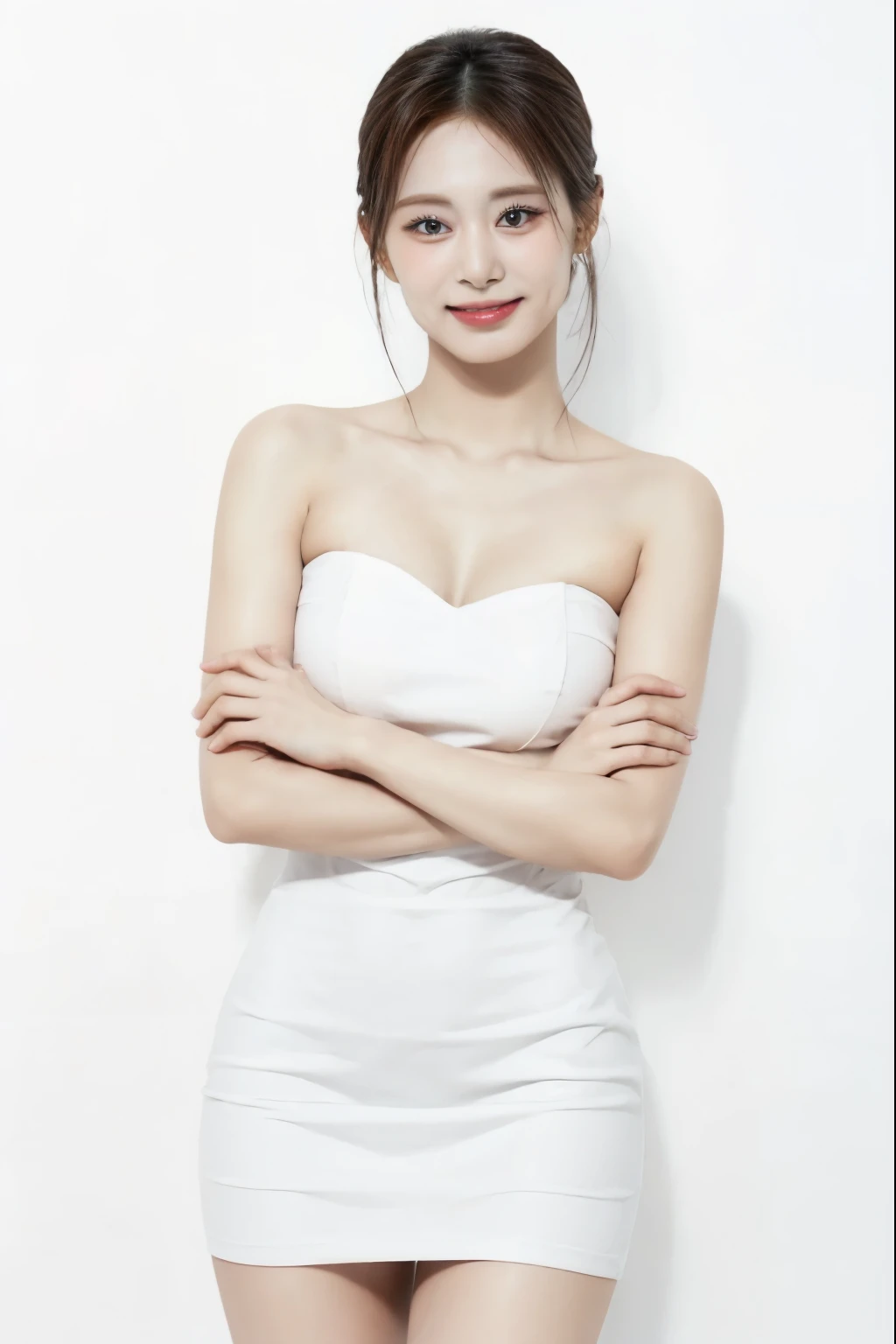 Tzuyu, (realistic), (hyperrealism), best quality, masterpiece, (photorealistic:1.4), Ultra High Res, UHD, (plain white background:1.6), 1girl, adorable, solo, (smile), (face details: 1), (eye details:1), (slim body), Cute posed, proportional body, (full body:1.4), sexy pose, (wearing tight fit dress), sexy strapless dress, (facing viewer), happy, smile showing teeth, (looking at viewer), crossing arms