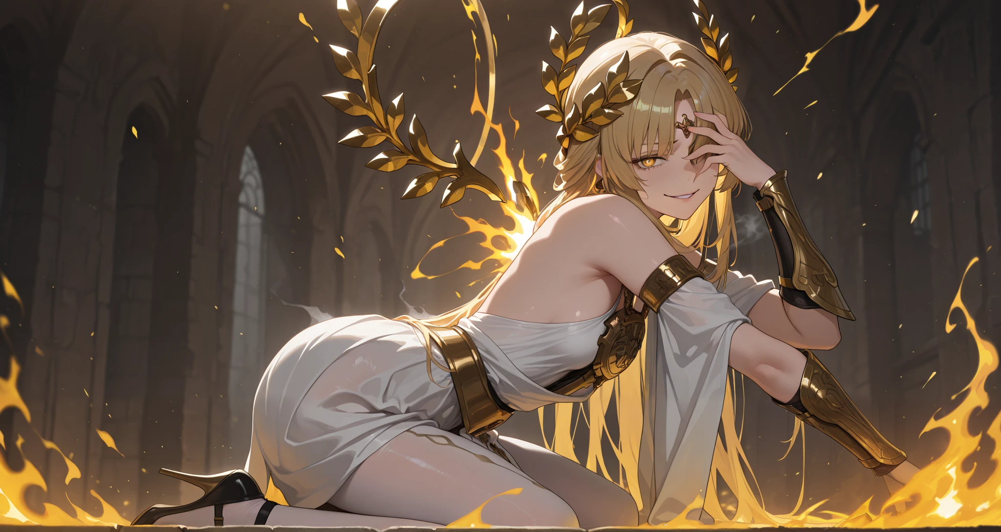 realistic lighting, masterpiece, highres, absurdres, depth of field, best quality, amazing quality, very aesthetic, high resolution, newest, hyper-detailed, (solo, 1girl:1.12), mature woman, (upper body shot:1.3), detailed skin, extremely detailed eyes,fuxuan, white pantyhose, high heels, ((laurel crown, golden hair:1.25), golden eyes:1.17), scowl, (corrupted energy, foggy aura:1.1), glitch, small breasts, armor, head tilt, greek armor, golden aura, golden fire, ancient greek clothes, armored, vambraces, sadistic smile, kubrick stare, head tilt, from the side, side profile, looking at viewer,,edgGesugao facial expression, (hand over one eye, insanity, kneeling, on her knees:1.1), flames erupting from her back