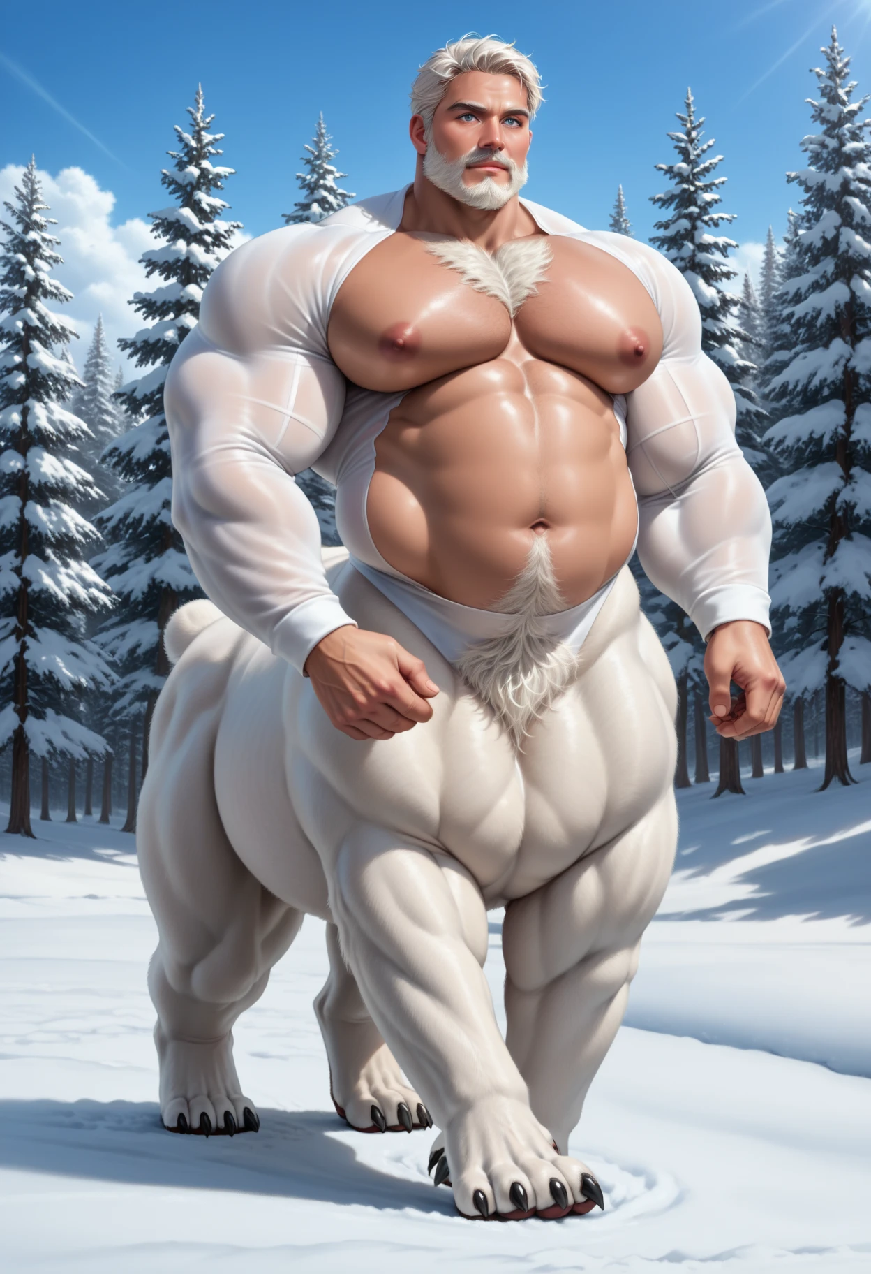 handsome boy, European style hair.  wearing a fur coat made from snow bears, wearing nothing but a white fur coat, slightly exposed nakedness.  very sexy, real prominent body curves, tight muscles, real detailed skin pores, walking in a forest full of snow.  passionate atmosphere.  Highly detailed 3D work 800k lighting, HD, 8k.  perfect anatomy.     Full body shot.