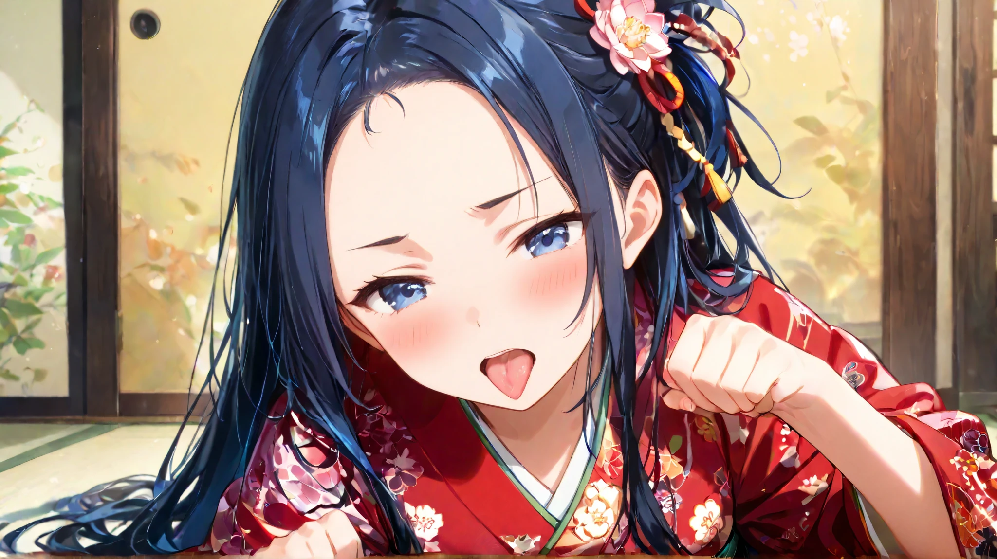 Anime girl with blue hair and blue eyes in a kimono - SeaArt AI