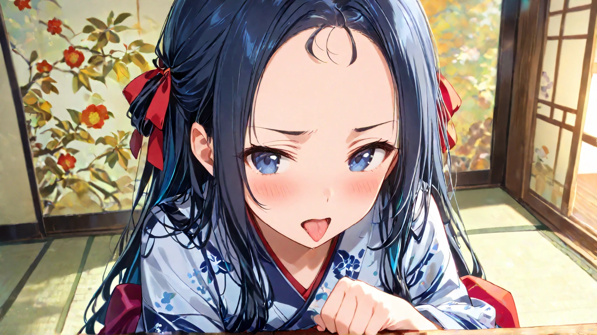  long hair, (  black hair) , bangs、Forehead , 1 girl, solo、 blue hair ribbon 、 kimono、Slightly Bare 、 Costume、high quality、Tongue out、Gripping Pose
