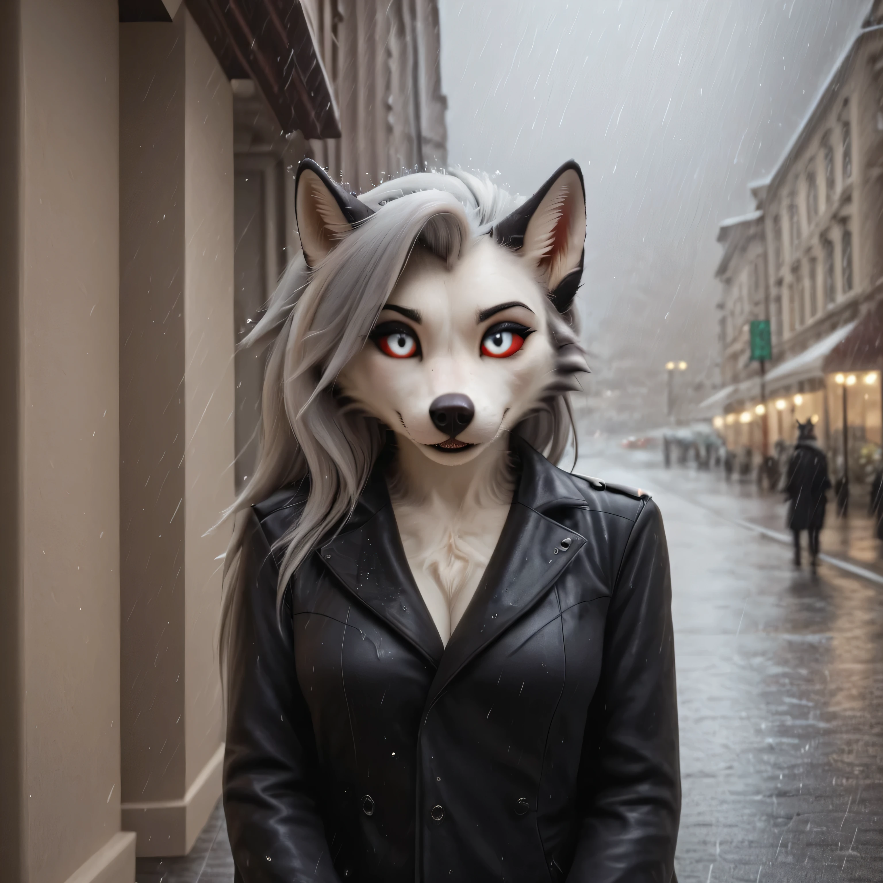 masterpiece, high quality, illustration, {beautiful detail girl}, beautiful glow in the details, beauty in dressing up, (Black jacket and trench coat), white eyes with red sclera, rainy street corner, rain, detailed lighting, detailed water, (beautiful detailed eyes: 1.1), Loona, furry female, anthro.