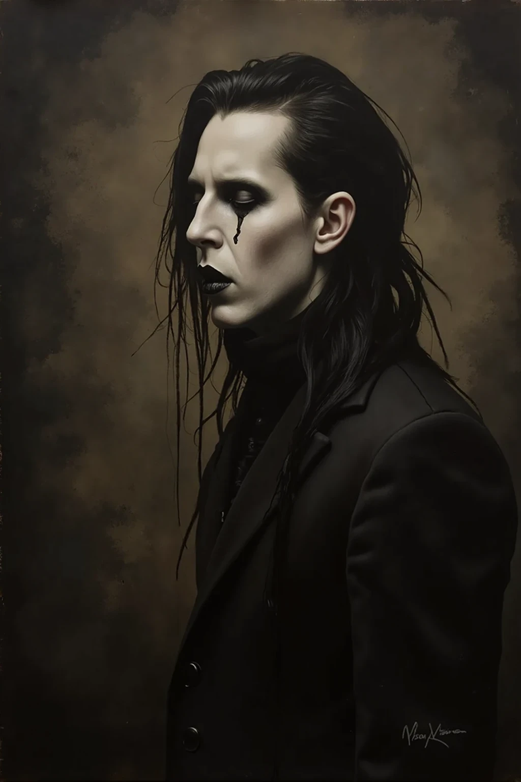 side view,Marilyn Manson,A dark and atmospheric oil painting portrait,vicgoth
