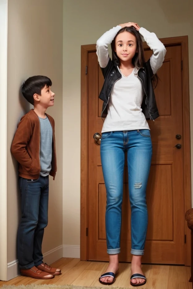 A mini-giantess sister put hand on her shorter older brother's head in a room. The sister is taller than the door behind her. Realistic image