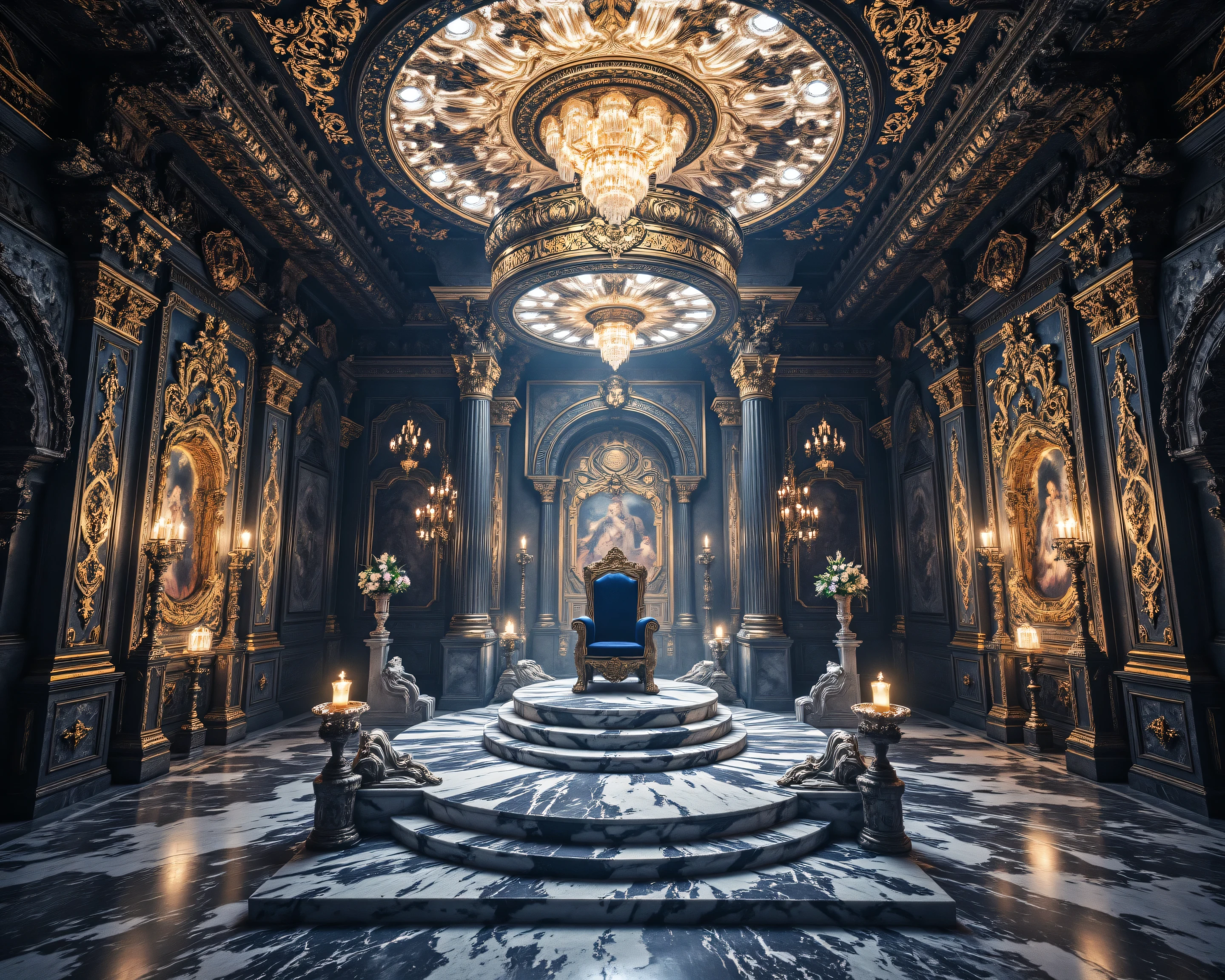 Cinematic photograpy, dramatic light, fantasy-medieval marble throne room, royal throne made of obsidian stone, polished marble floor, ceiling fresco of silver and gold roses, Masterpiece, Accurate, Award Winning, High Resolution, Best Quality, Detail, High Details, Quality, Super Detailed, High Quality, HD,