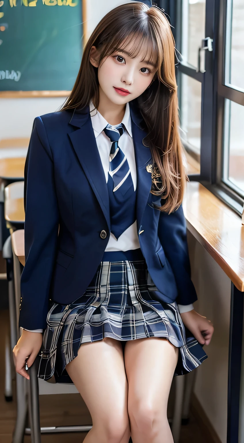 Top Quality, masterpiece 、 actual photo  、The most beautiful girl in the world 、 Cute looks、slender 、 Perfect Beautiful Face  、  perfect and beautiful eyes   、   perfect and beautiful double eyelids  、   Fashion Models  、 Cute looks、   light brown hair 、 High School Student's Face 、( white skin、straight hair、 school uniform、plaid skirt、white blouse、 tie、 school classrooms、chair、 sitting、Inner thighs、 full body depiction:1.3)、(navy blue blazer、 midi skirt:1.5)、 big breasts