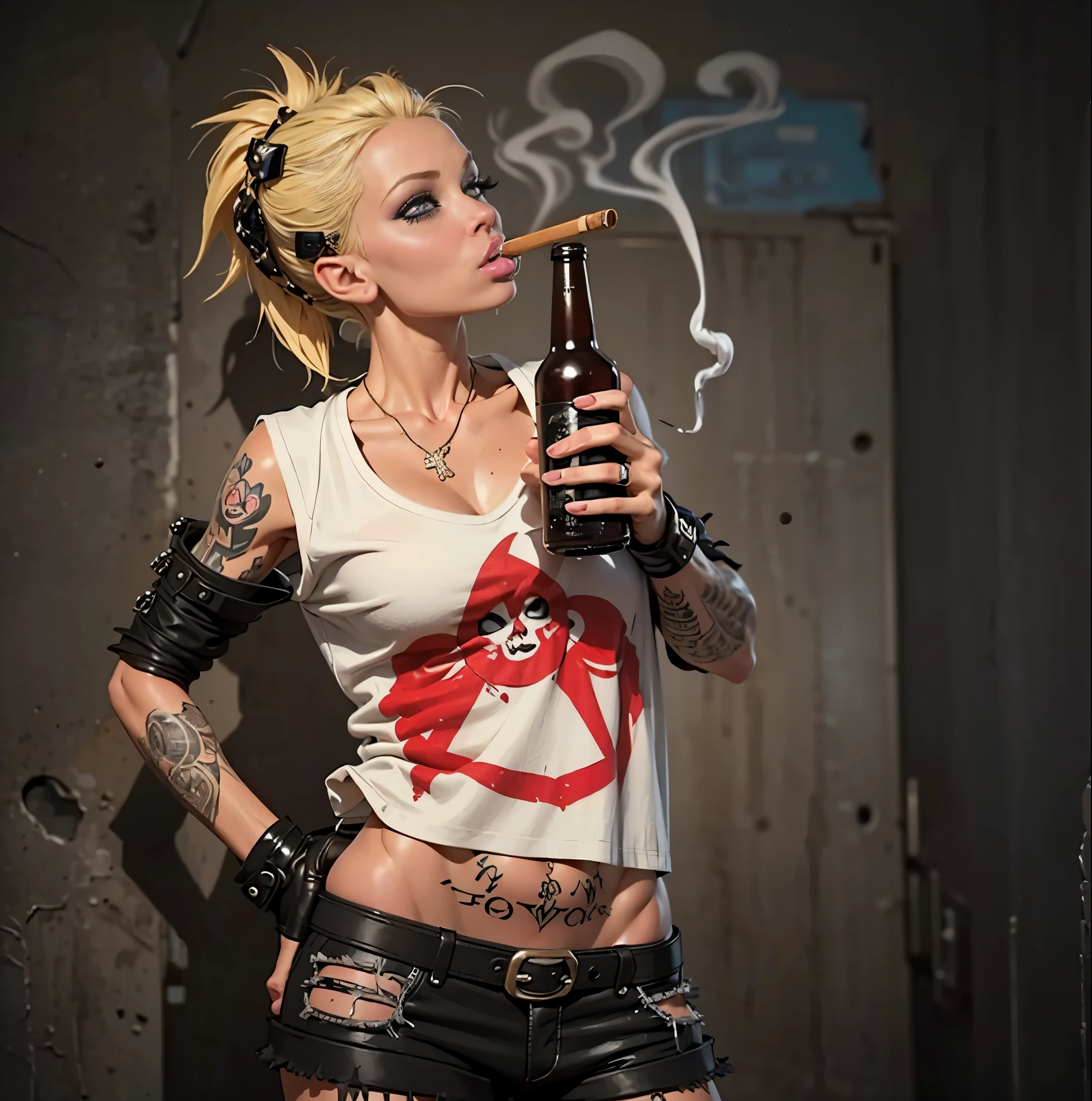 blond woman with a cigarette and a beer bottle with a anarchy sign, a photo by Aleksander Kobzdej, tumblr, street art, punk woman, punk girl, beautiful female punk, anarchy, punk style, diesel punk female, gothic girl smoking, die antwoord style wear, drinking and smoking, wearing punk clothing, punk party, punk-rocker