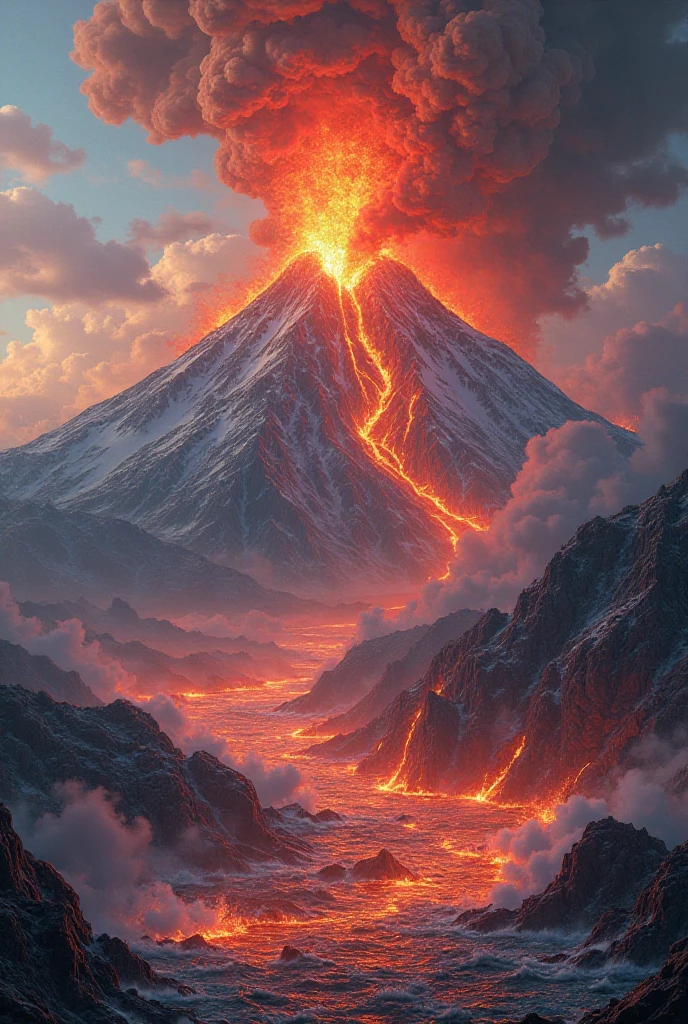 An impressive scene of fire and smoke, contrasting with the darkness of heaven and earth. The volcano, uma montanha imponente e majestosa, It launches jets of incandescent lava that spread through the air and fall on the slopes. The lava is red and orange, e brilha como metal derretido. The smoke is gray and black, e forma nuvens densas que obscurecem as estrelas. The sound of the rash is deafening, like a continuous thunder. The heat is intense and suffocating, and the smell of sulfur is strong. The landscape is both beautiful and terrifying, showing the strength and beauty of nature.