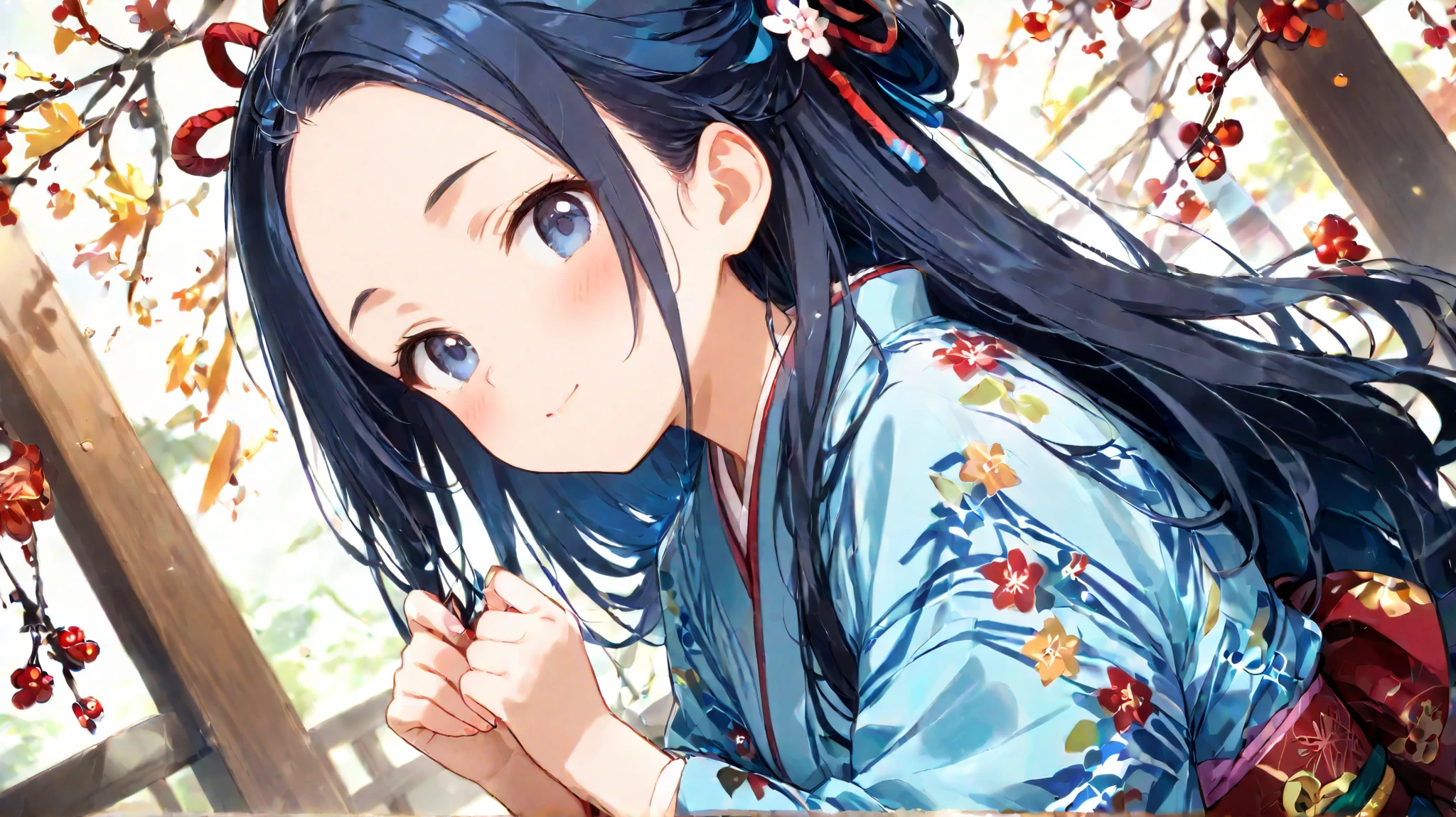 long hair, ( black hair) , bangs、Forehead , 1 girl, solo、 blue hair ribbon 、 kimono、Slightly Bare 、 Costume、cute