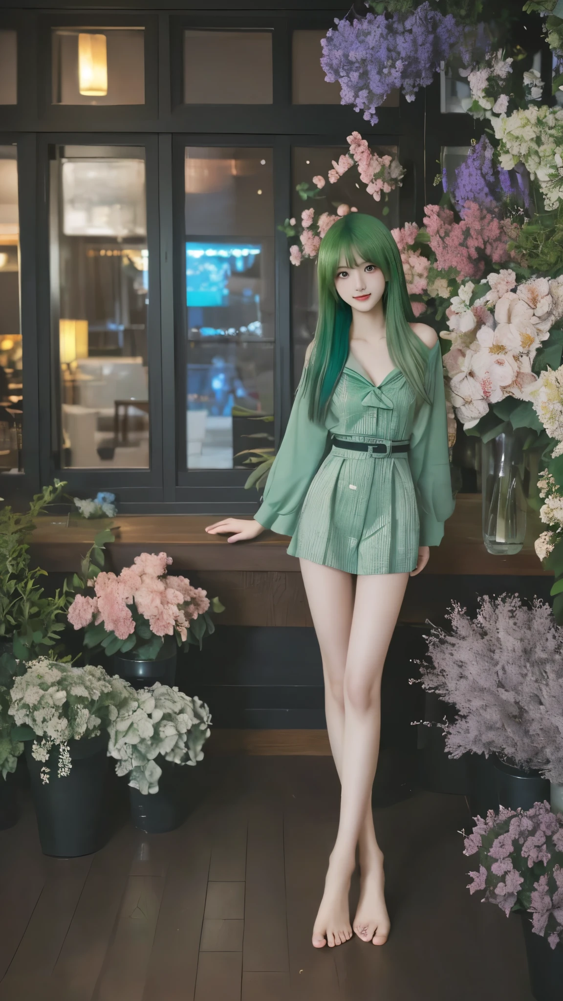 high resolution,超high resolution,8k,Ultra Fine,TOP QUALITY, masterpiece, Super Fine Paintings , detailed depiction of up to the front door,1 girl, upper body,((素敵な髪型, green hair:1.2)),(Beautiful breasts, Upward bust), similarly , glowing neon lights , intermediate shot,Fujifilm X-T4 + 23mm f/2 Lenses,dusk,Flower Farm,watch viewers, ( detailed legs:1.3, thin thighs, beautiful feet:1.2), ( detailed hands:1.3, perfect right hand:1.2), ( Detailed Eyes and Faces :1.2, Professional Shooting Techniques , Professional lighting techniques )