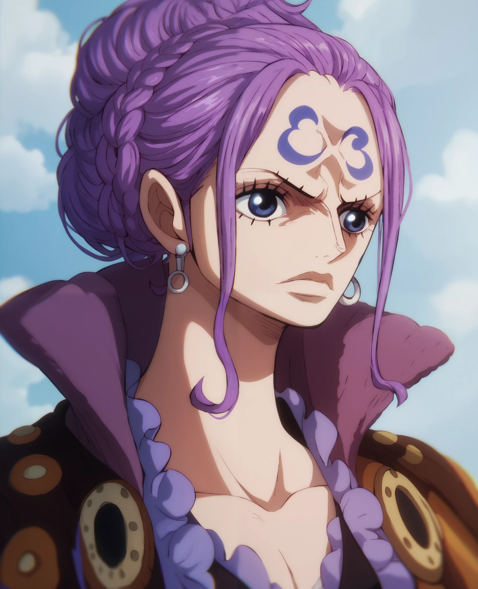 An admiral from One Piece, black woman, violet hair, dread locks, ne arm, holding a huge hammer