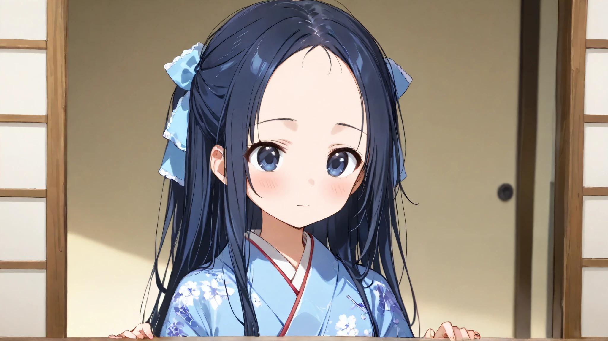  long hair, (  black hair) , bangs、Forehead , 1 girl, solo、 blue hair ribbon 、 blue kimono、Slightly Bare 、 Costume、high quality、cute、