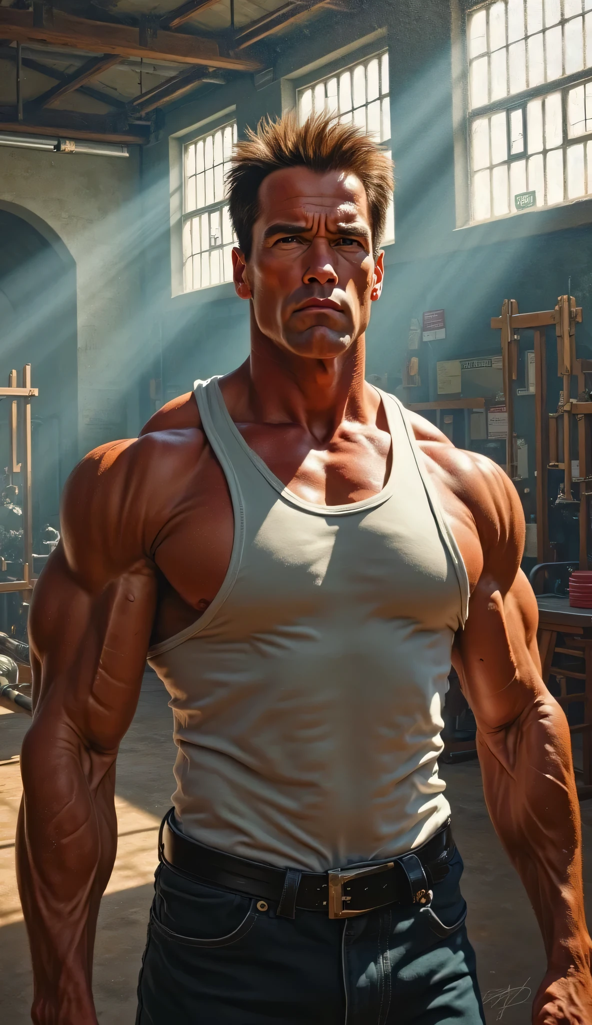 (photorealistic, masterpiece, best quality), a shirtless male artist sitting at a drawing table sketching out a drawing of a male figure, detailed hands, precise strokes in progress, sunlight streaming through the window, studio lighting, vibrant colors, focused expression, slim athletic body build, sculpted chest, sweat glistening on his forehead, art supplies scattered around the studio, photorealistic textures on the artist's skin, pencil marks capturing every intricate detail, attention to shadows and highlights, with a sense of depth and dimension, capturing the essence of the male figure's physique, intense concentration visible in his eyes, capturing the raw emotion in his sketch, an atmosphere of creative energy, perfectly capturing the human anatomy, showcasing the artist's technical skill and artistic vision, realistic proportions, every muscle and curve expertly rendered, blending realism with artistic interpretation, bringing the figure to life on the paper, a testament to the artist's talent and dedication.