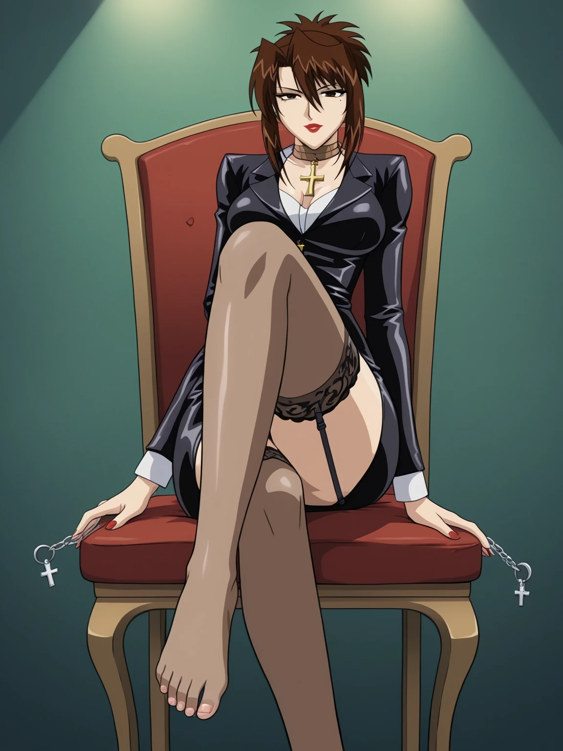 Masterpiece , best quality , Masterpiece , best quality , 1 woman , Long straight black hair , bulge , suit , กางเกงLong legs , big breasts , Long legs , high heels , Lie down on the floor. , Spread your legs , Chain locks both hands , prison cell