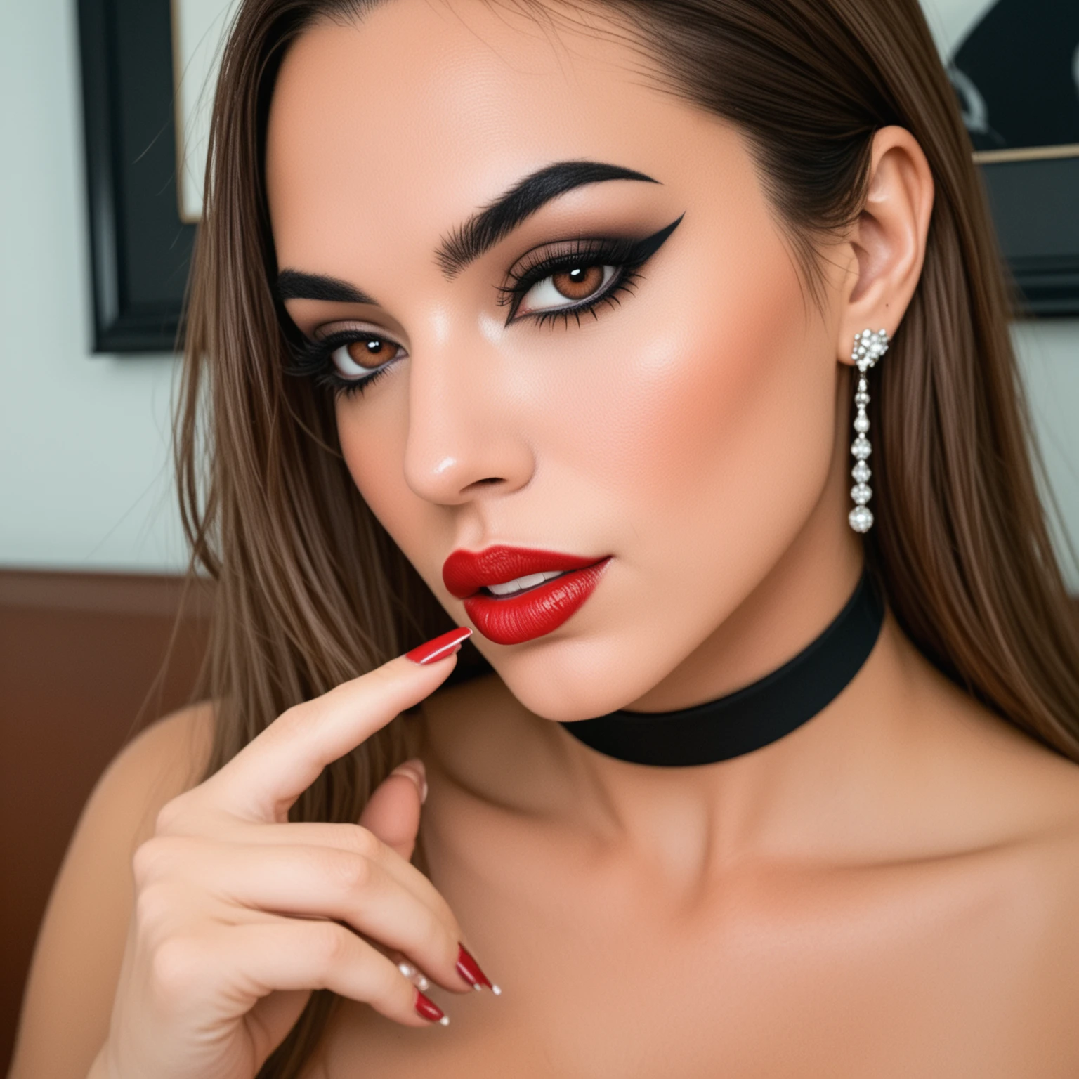 closeup zoomed in portrait of a femme fatale Japanese woman, long hair, earrings, dark eyeshadow, mascara, red lips, choker, seductive, lustful, sultry, nibbling her finger, red fingernails, professional photography, directional lighting