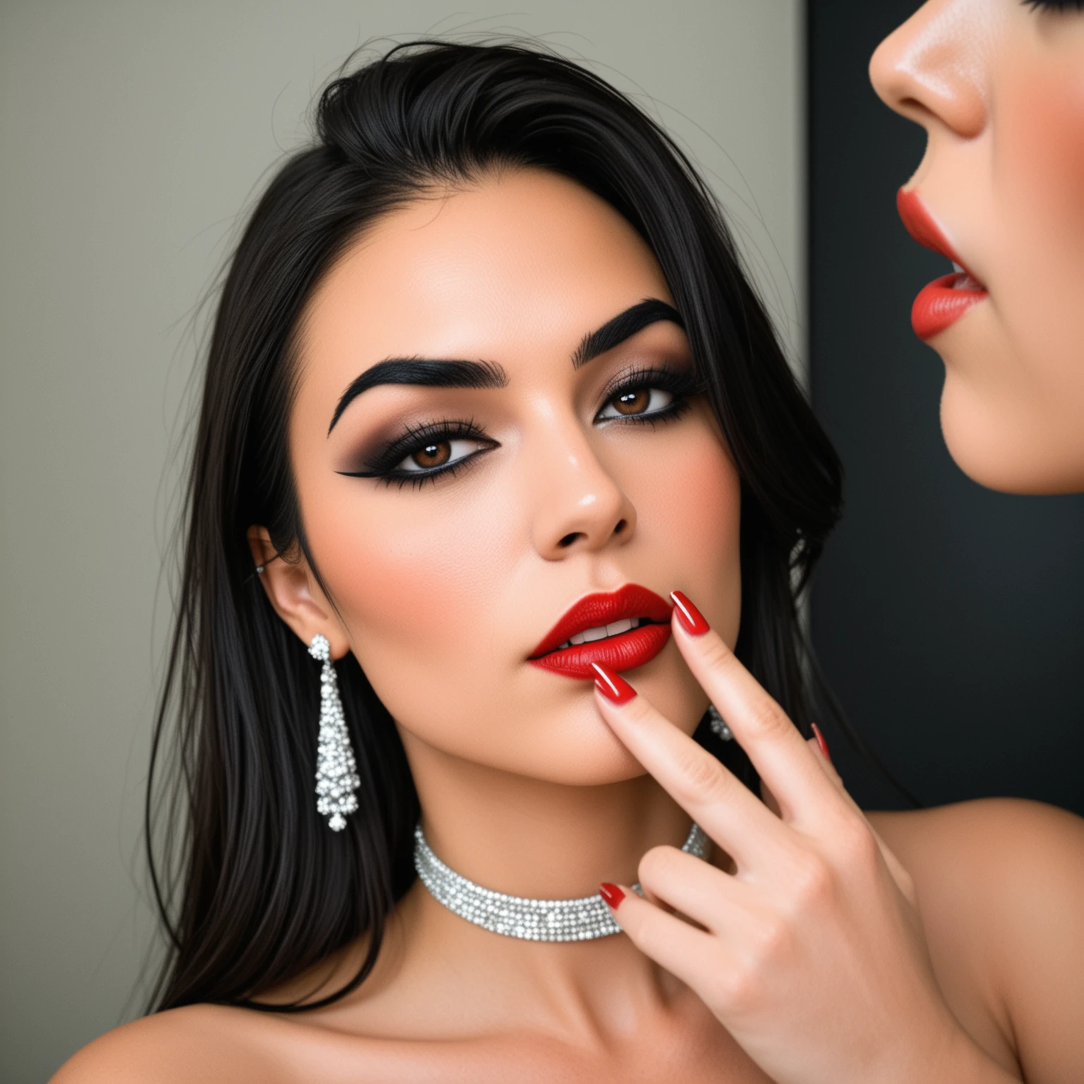 closeup zoomed in portrait of a femme fatale Japanese woman, long hair, earrings, dark eyeshadow, mascara, red lips, choker, seductive, lustful, sultry, nibbling her finger, red fingernails, professional photography, directional lighting