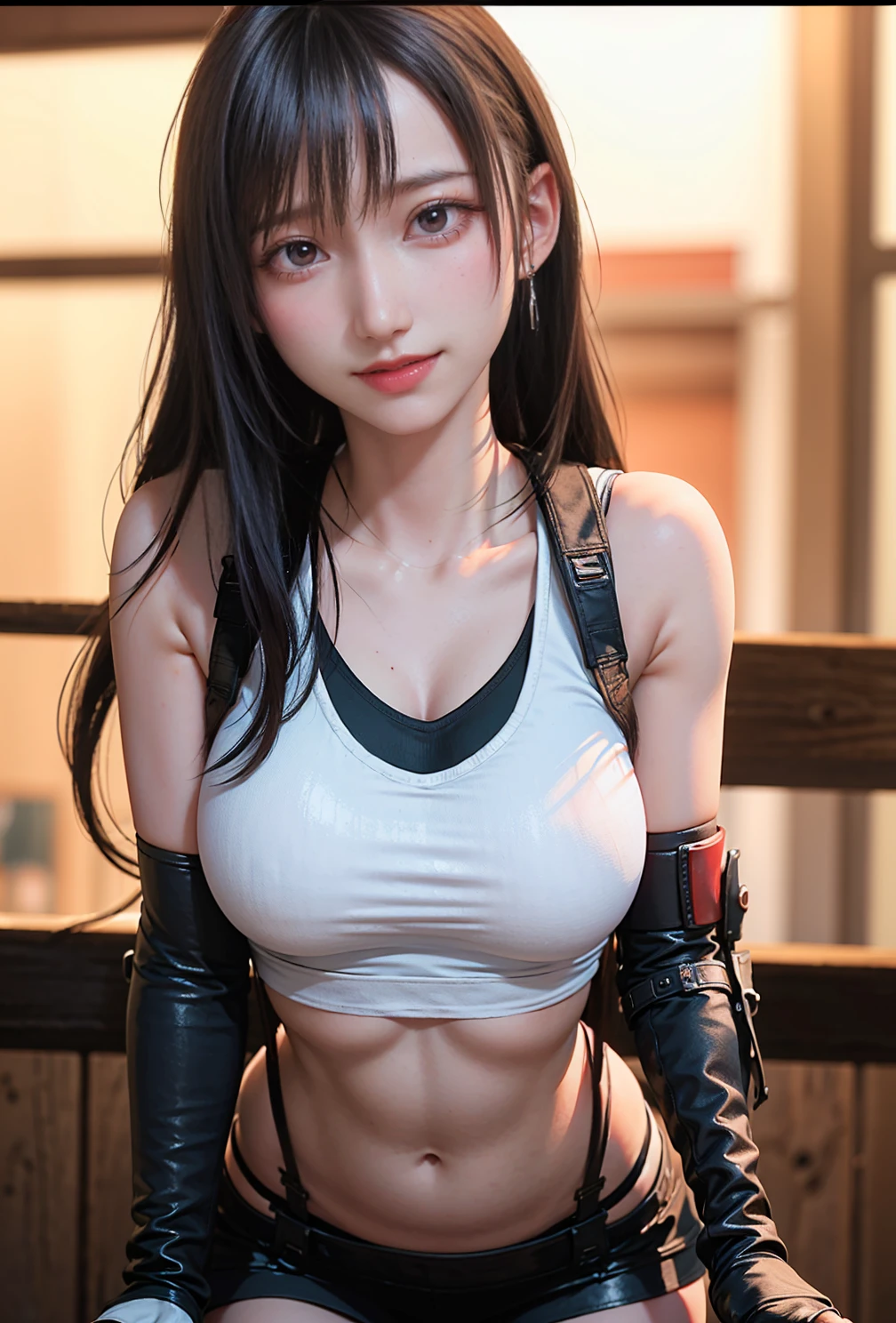 Hinata hiuga from the anime Naruto Shippuden posing for photos, Never show your hands in the image, hands always hidden,  she is standing forward, dressed in a short white t-shirt closed, short sleep shorts, she has a thin waist, She has nice  in a short top, cleavage, sexy, posing in a sexy shoot, sexy anime girl, dry stomach, legs, Hands and fingers always with gloves, gloves, gloves always closed, beautiful legs and big breasts, her hair is violet, violet hair with straight bangs, Straight bangs, sweet, gentle, innocent expression in the eyes, Byakugan eyes, Blurred background, 8k, wallpaper, masterpiece, best quality, textures, cold colors, dark, Ultra realistic and well detailed sexy cosplay, photo shoot style.