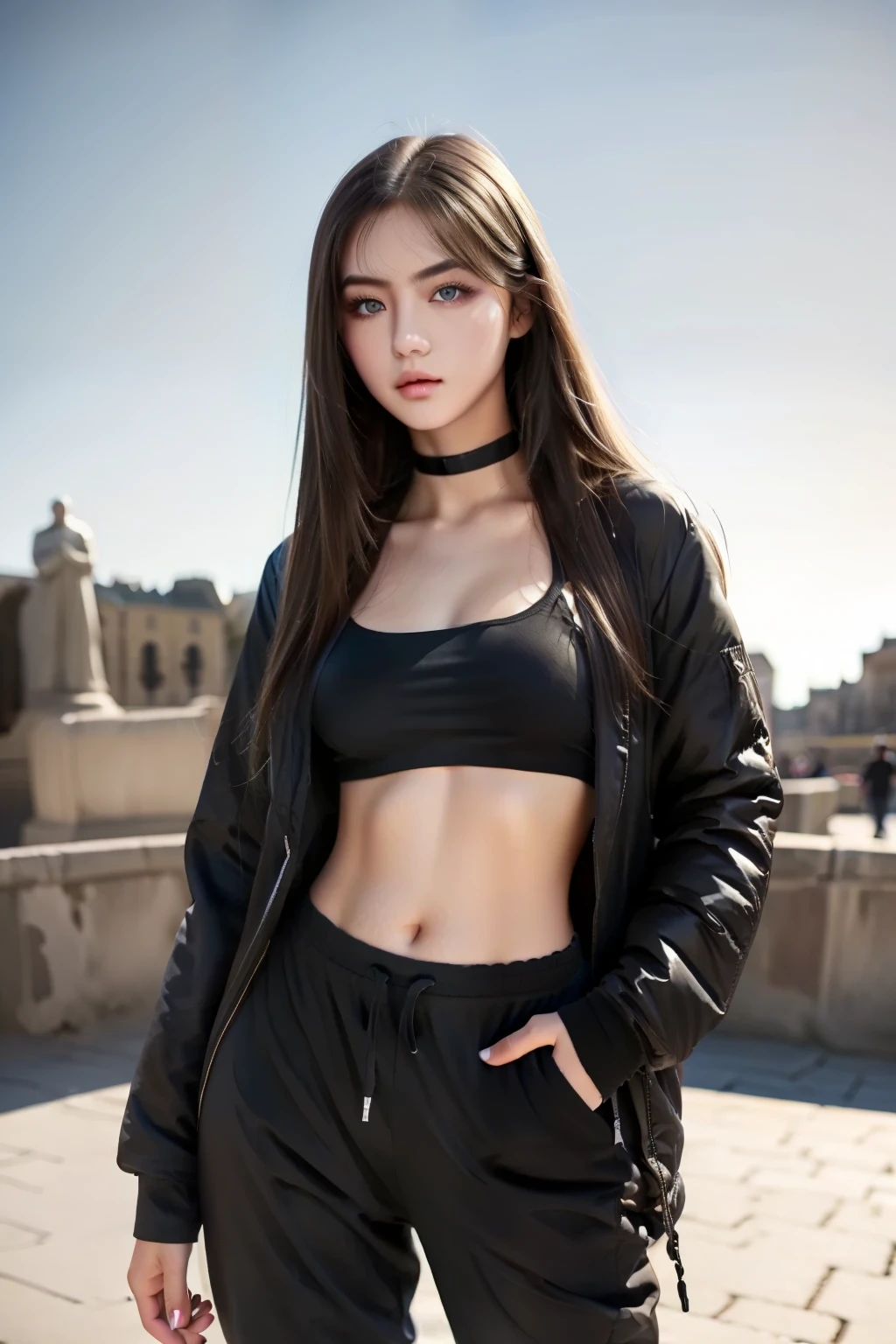 Realistic, High resolution, 1 Female, Glowing Skin, alone, wide lips,Long Hair,Straight Hair,Saggy breasts,Small face,White Hair,Color Contact Lenses,Black down jacket,Sweat pants,Full body outfit,World Heritage Sites as a Background,noon,blue sky