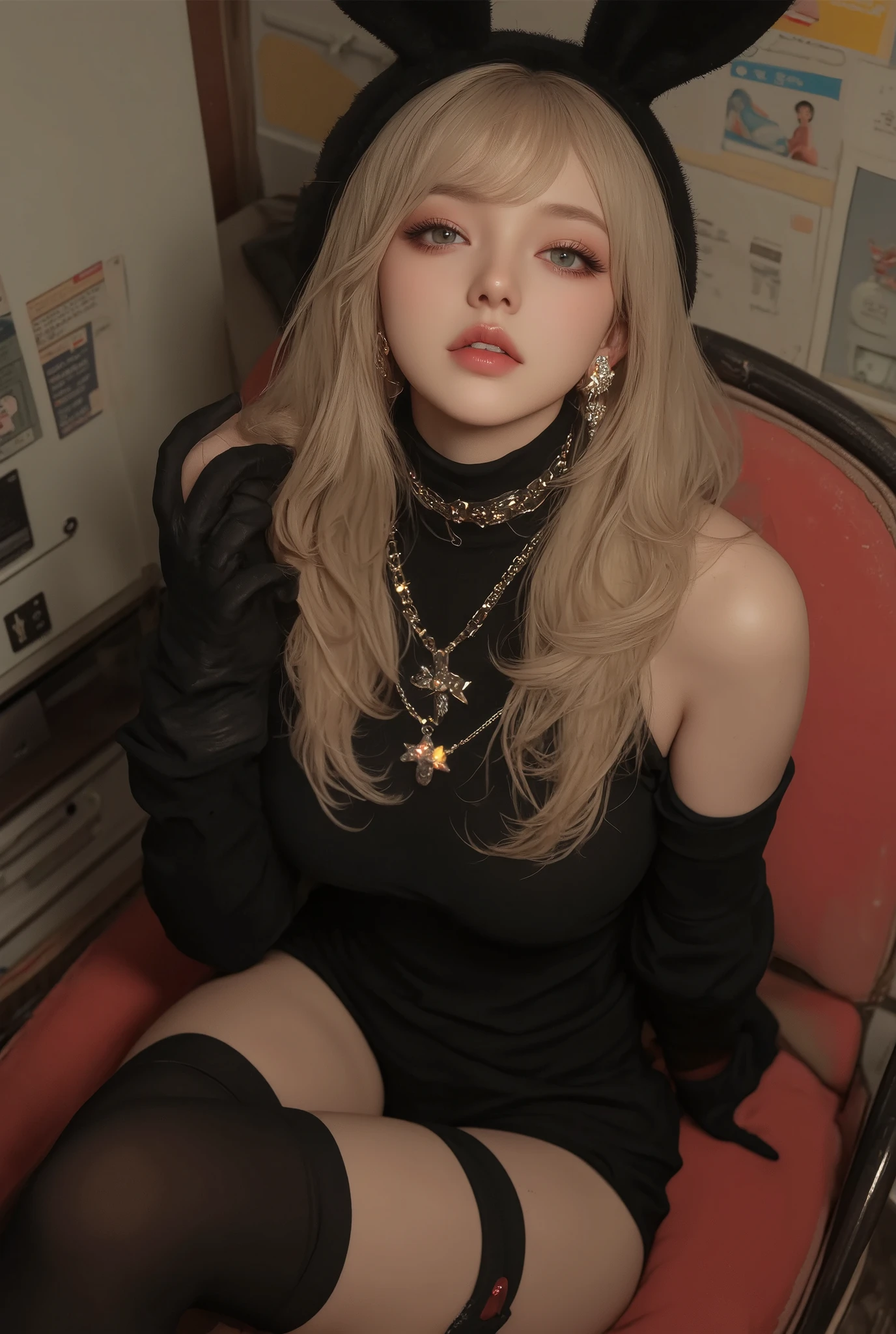 16k, (( Masterpiece)), (( Top Quality )), ( super smooth original photo ), Professional photo , ( Two beauties :1.10), Beautiful details , ((( surreal))), (( high definition, clear focus :1.5)), natural light , a 21 year old idol with a beautiful face , beautiful face of a Japanese woman , Japanese beauty , Beautiful details eyes, 1 girl , breasts , lonely, animal ears, thigh high socks , GLOVES , tai thỏ, , elbow GLOVES , large breasts , breasts 元, blonde, fake animal ears, long hair, Watch viewers, jumpsuit , sitting, black thigh high socks , playboy bunny , flabby lips , black GLOVES , necklaces , sparkles in both armpits clothes, shoulder out , penetrated, lips , is blurry background, machine, skirt, black jumpsuit , in the house, is blurry, GLOVES , sparkles in both armpits