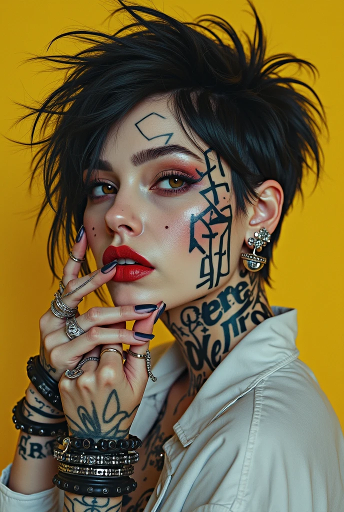 Arafed woman with piercings brushing her teeth in a mirror., gothic girl aesthetic, 1 7 - year - old gothic girl, gothic aesthetic, small lips pointed nose, with facial tattoo, gothic girl, using spikes and piercings, wearing gothic makeup, gothic eyeliner, dark and penetrating eyes, gothic atmosphere, gothic horror vibes, tattoos and piercings