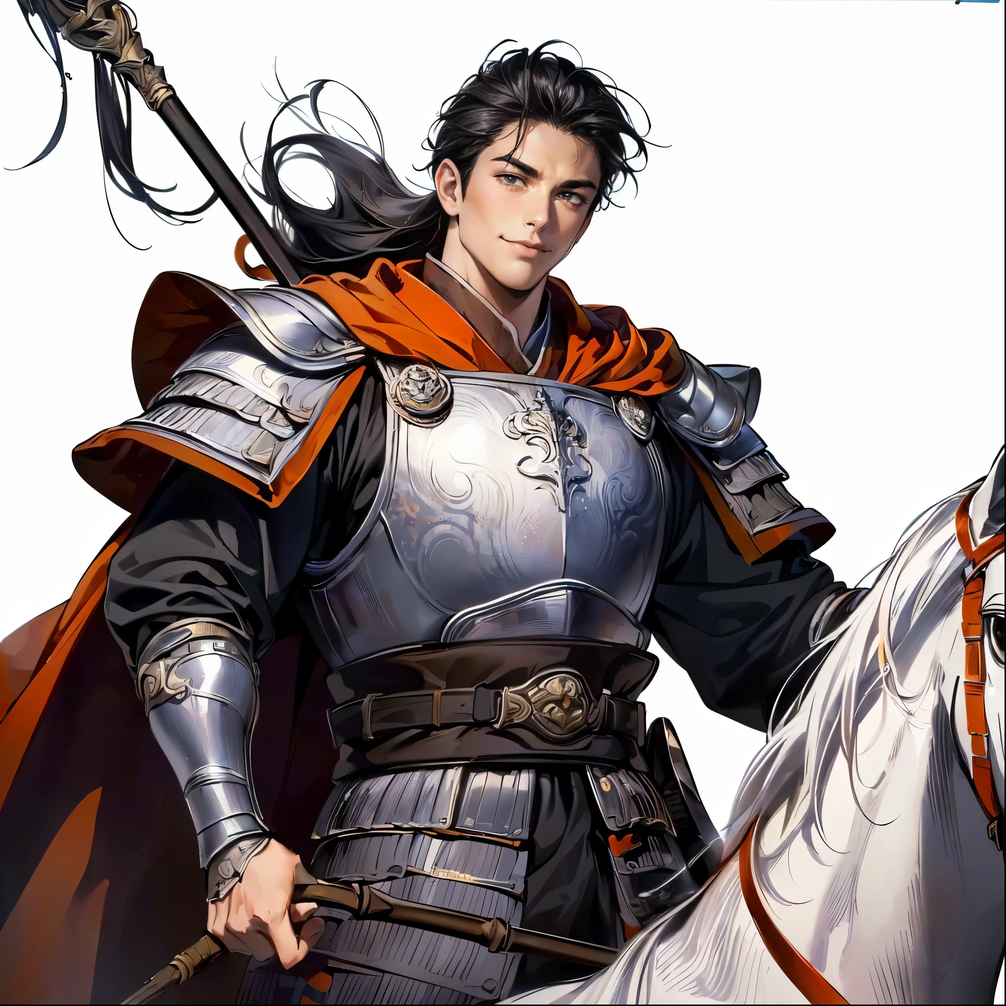 (TOP QUALITY,4K,8k,high resolution,masterpiece:1.2),super detailed,(super fine illustration),((Man in armor with a spear worn by a horse)),20 years old,A truly beautiful man、 detailed eyes :1.2, perfect eyes,(( Attractive Dark Eyes )),(long black hair:1.3),(( smile with plenty of room:1.2)),cinematic lighting, soft shadows,((ancient Chinese silver armor drawn in detail:1.3,A large orange cloak:1.3,Hand holding the reins、A white horse drawn in detail:1.3)),((cowboy shot:1.2,from below:1.1)),(( WHITE BACKGROUND :1.3,simple background:1.3)),(( standing:1.3,depicted so as not to be seen from the tip of his head:1.3))