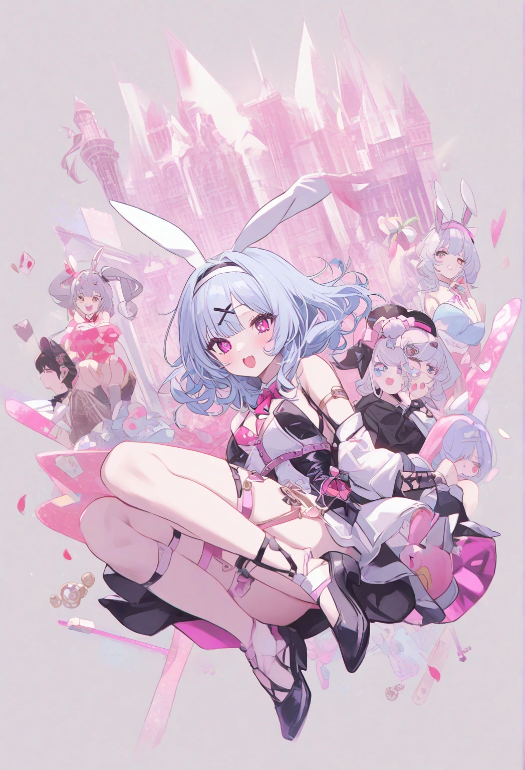 Cute bunny girl,Silvery-white pupils,Pink purple dress,loli face,But enlarge breasts and slim waist,has a good figure,spread their legs,lifting up skirt,white panties